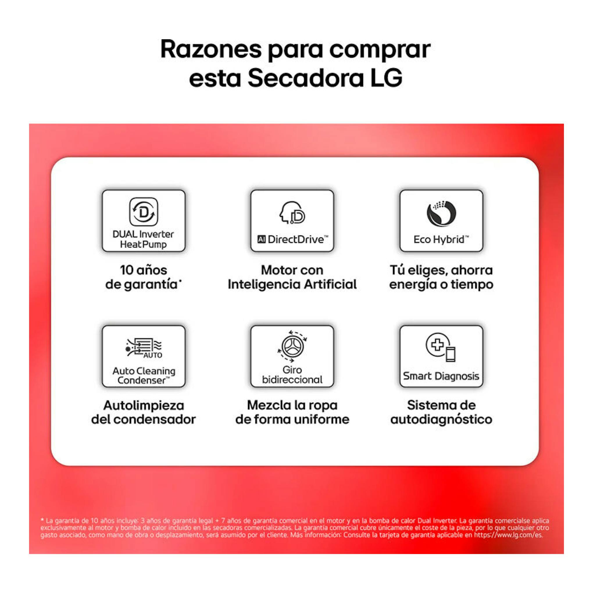 Infografía de la secadora LG RH18U8AVCW, fondo rojo y blanco, con iconos de funciones y textos de garantía y diagnóstico.