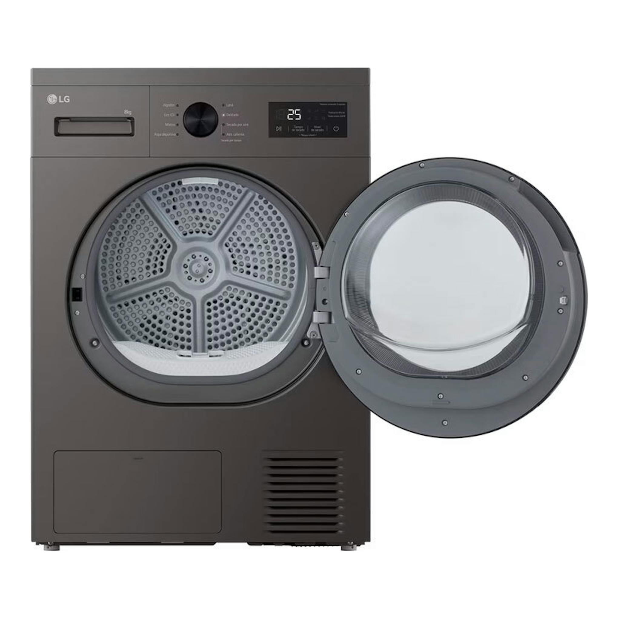Secadora LG RHA1008NDK de 8 kg, vista frontal, color gris oscuro, con puerta circular abierta y panel de control superior.