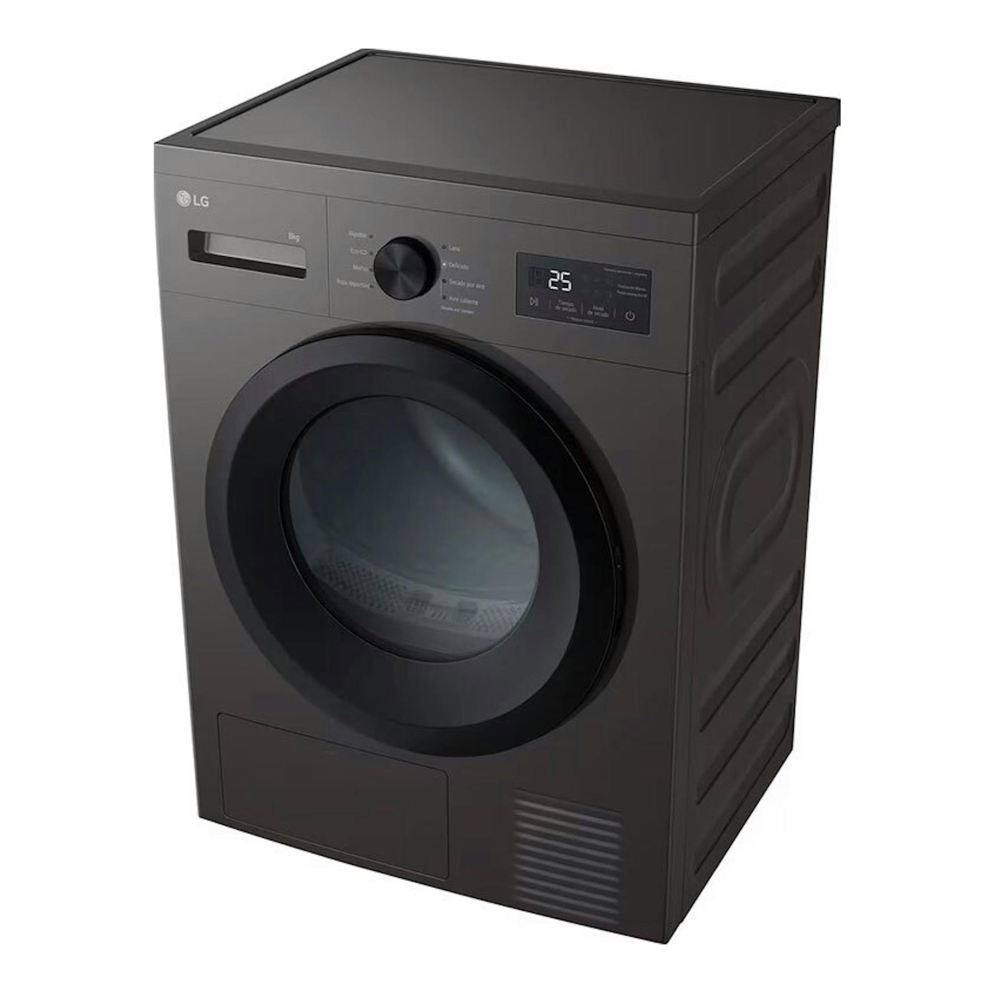 Secadora LG RHA1008NDK negra, vista frontal en ángulo, con puerta circular y panel digital.