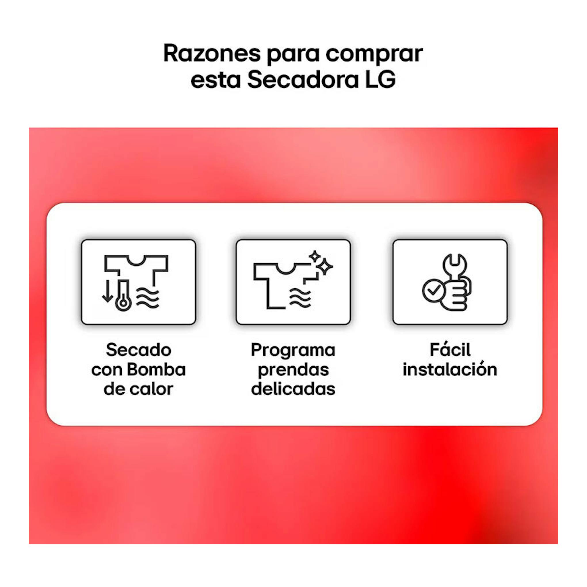 Infografía de la secadora LG RHA1008NDK con iconos de bomba de calor, programa delicado y fácil instalación.