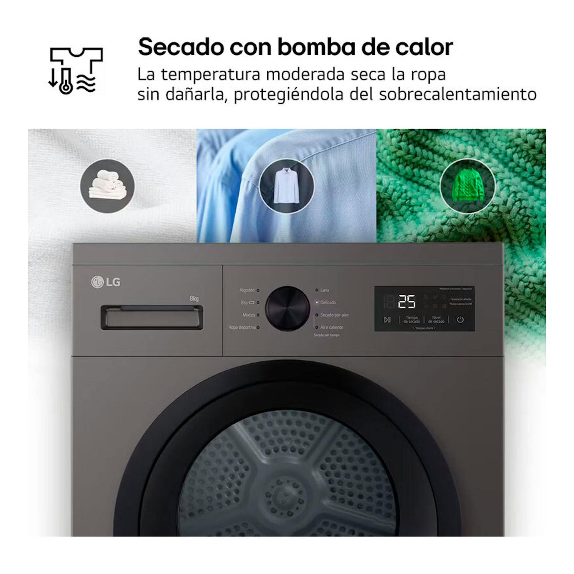 Secadora LG RHA1008NDK gris, vista frontal con puerta circular y panel digital, 8 kg.