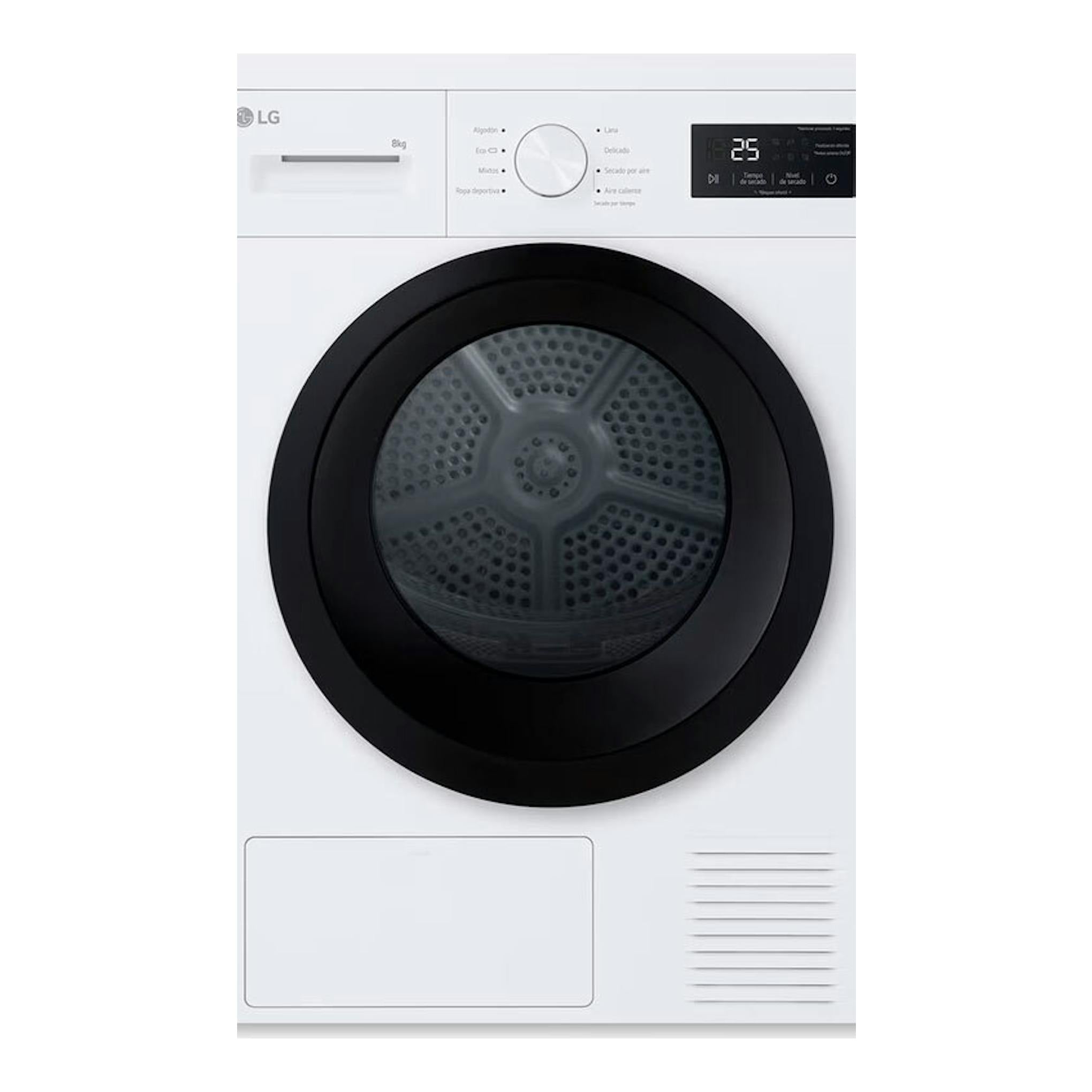 Secadora LG RHA1008NWK de 8 kg, blanca, vista frontal, con puerta circular negra y panel digital superior.