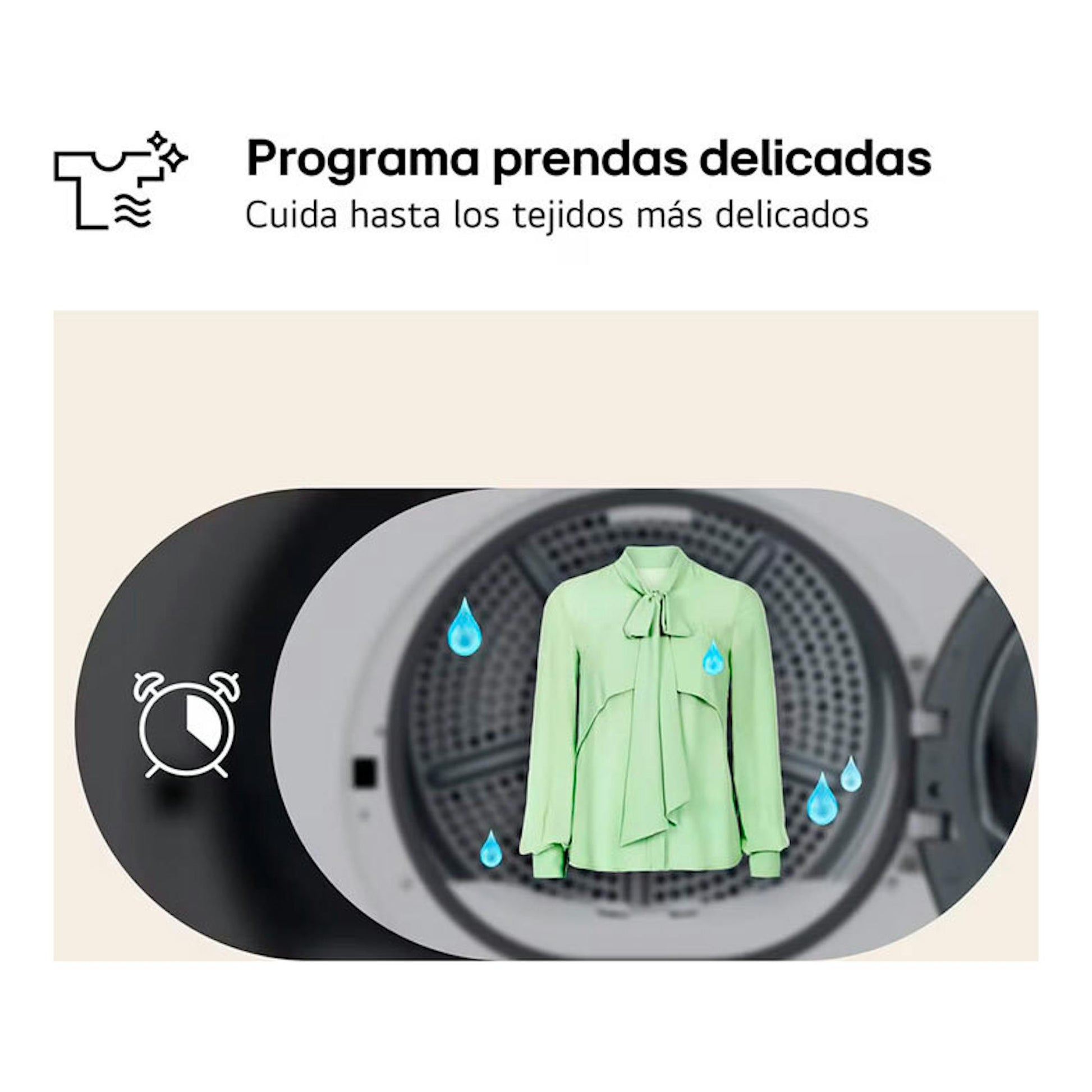 Secadora LG RHA1008NWK 8 kg, vista frontal del tambor abierto con camisa verde y gotas de agua.