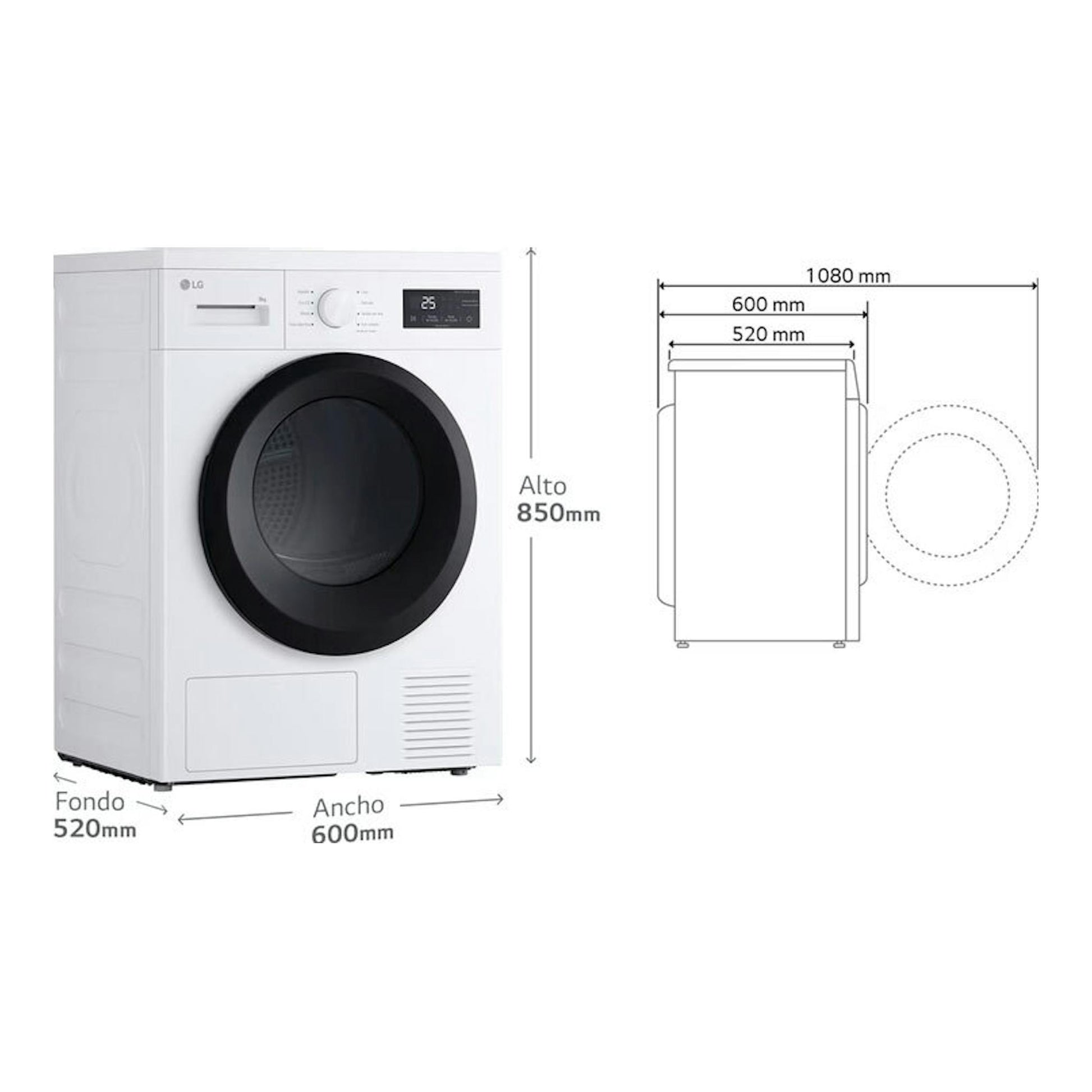 Secadora LG RHA1008NWK blanca, vista frontal, con puerta negra y medidas 850 x 600 x 520 mm