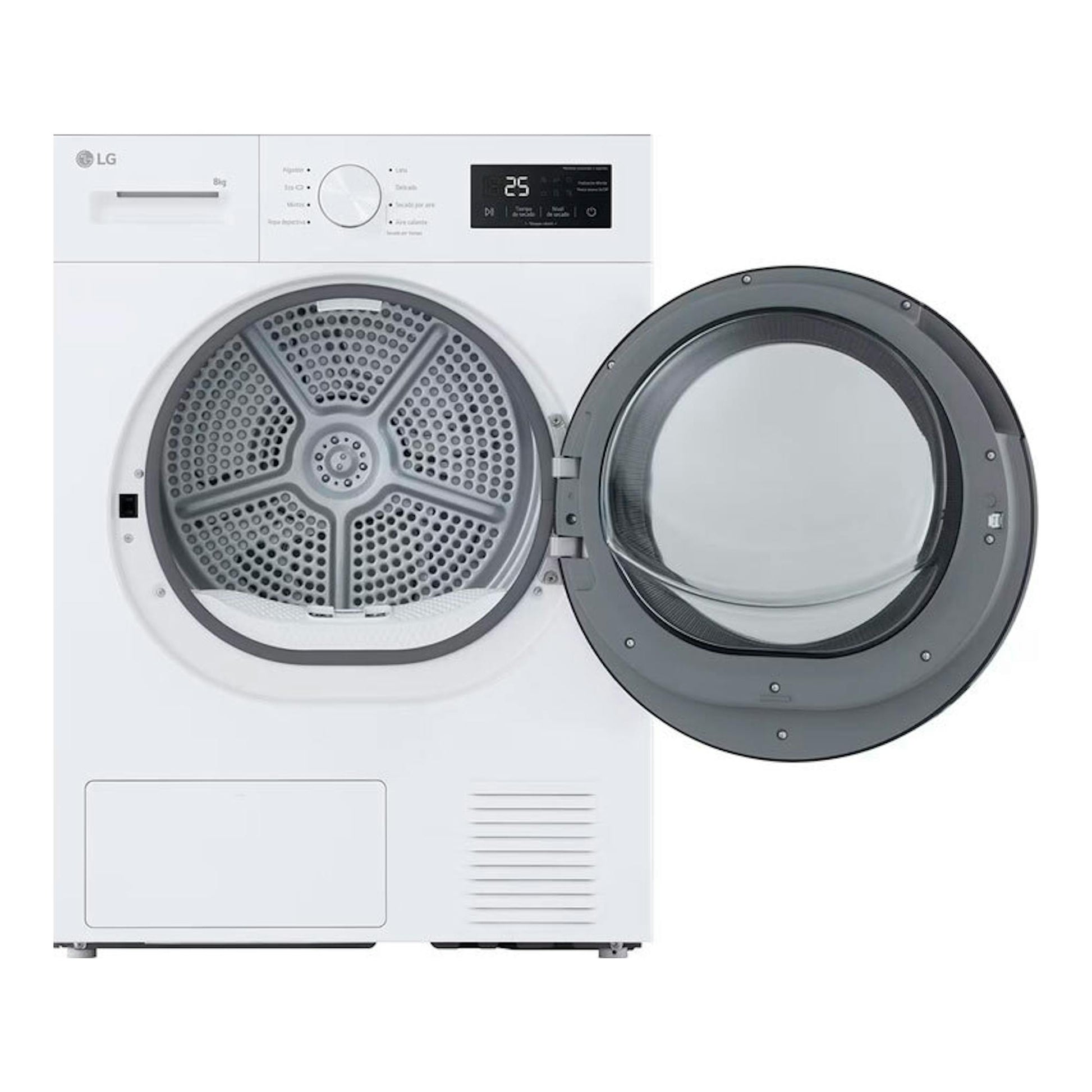 Secadora LG RHA1008NWK 8 kg blanca, vista frontal, con puerta redonda gris abierta.