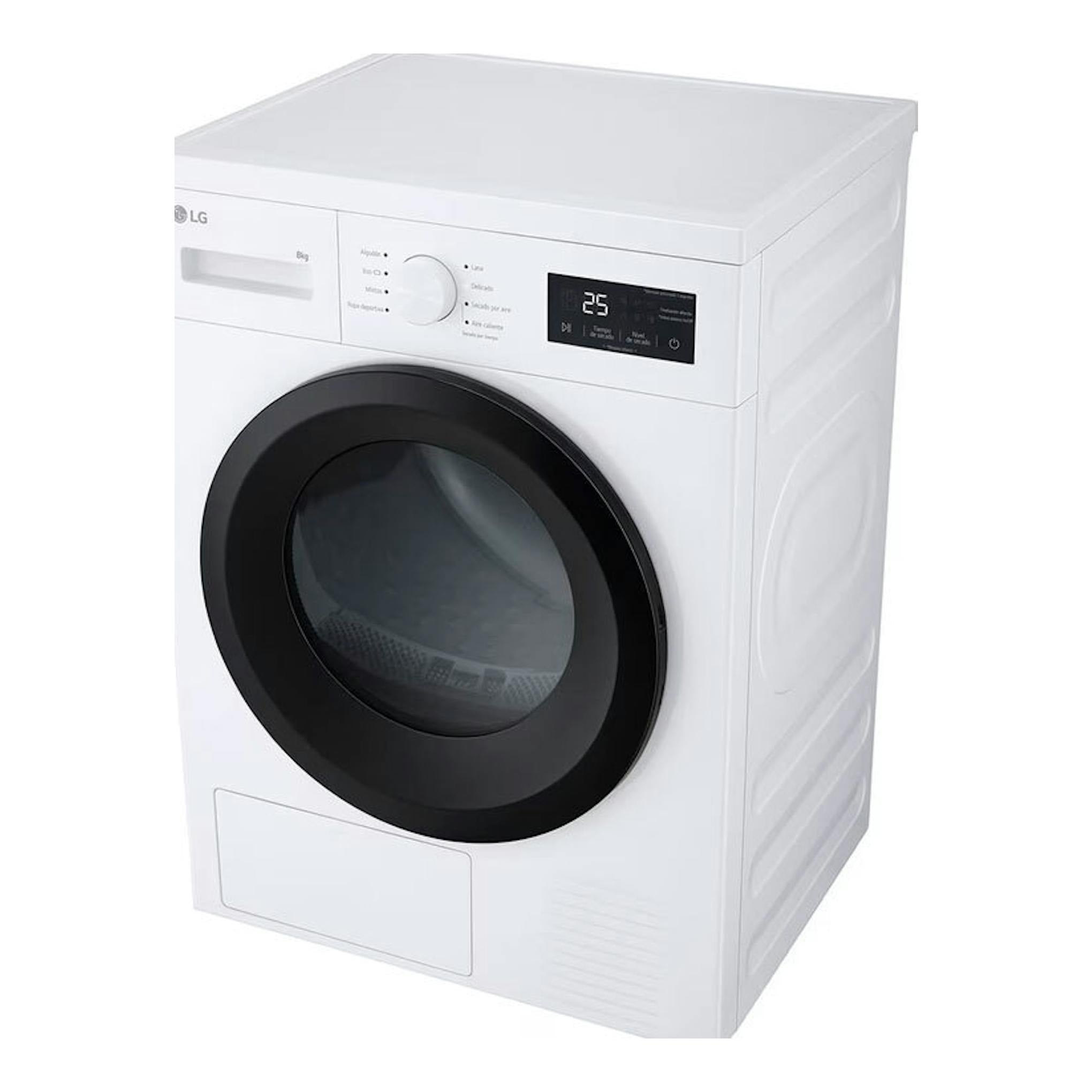 Secadora LG RHA1008NWK blanca, vista frontal en ángulo, con puerta negra circular y panel digital.