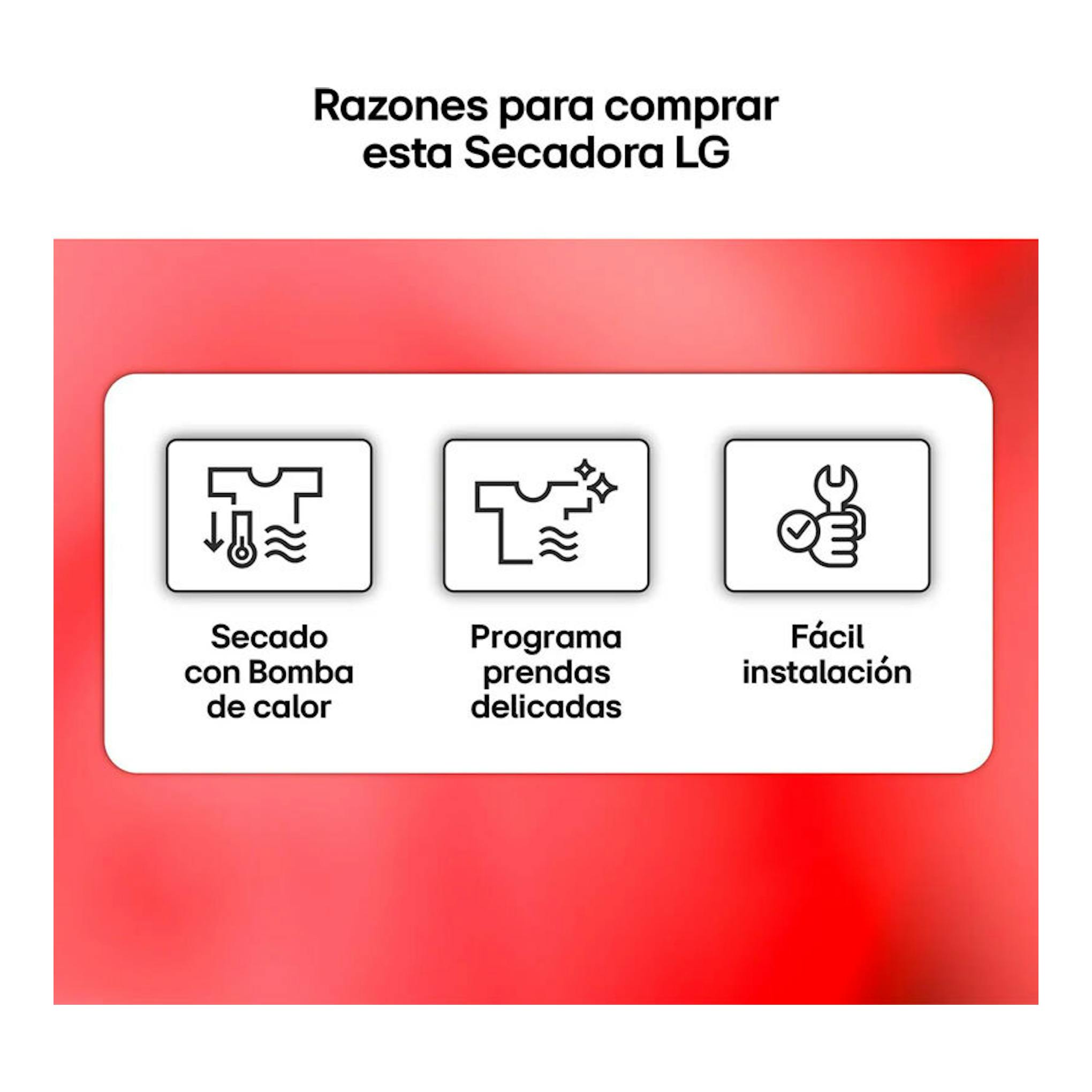 Gráfico promocional de secadora LG RHA1008NWK, con tres iconos sobre bomba de calor, prendas delicadas e instalación.