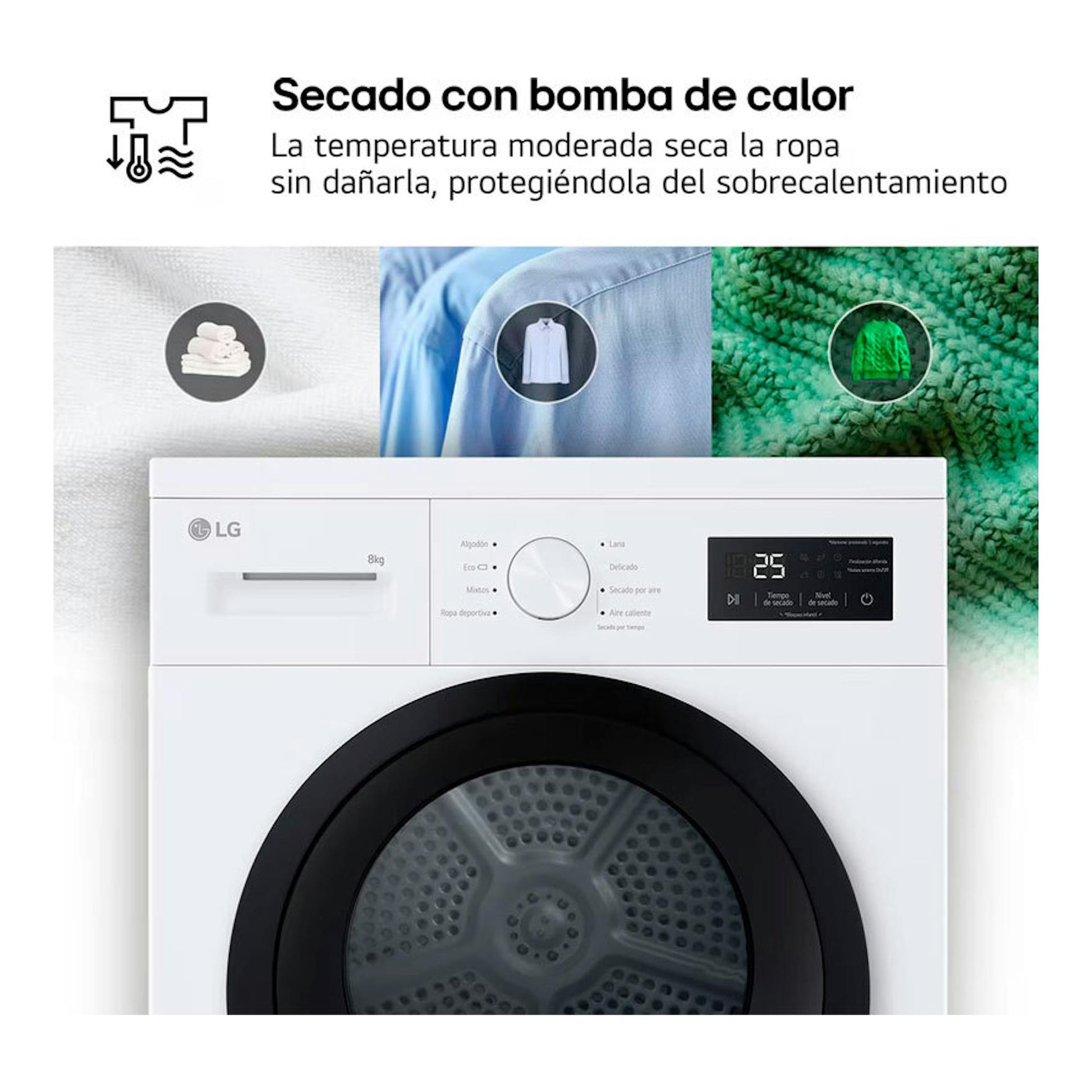 Secadora LG RHA1008NWK blanca de 8 kg, carga frontal, con panel digital y puerta negra redonda.