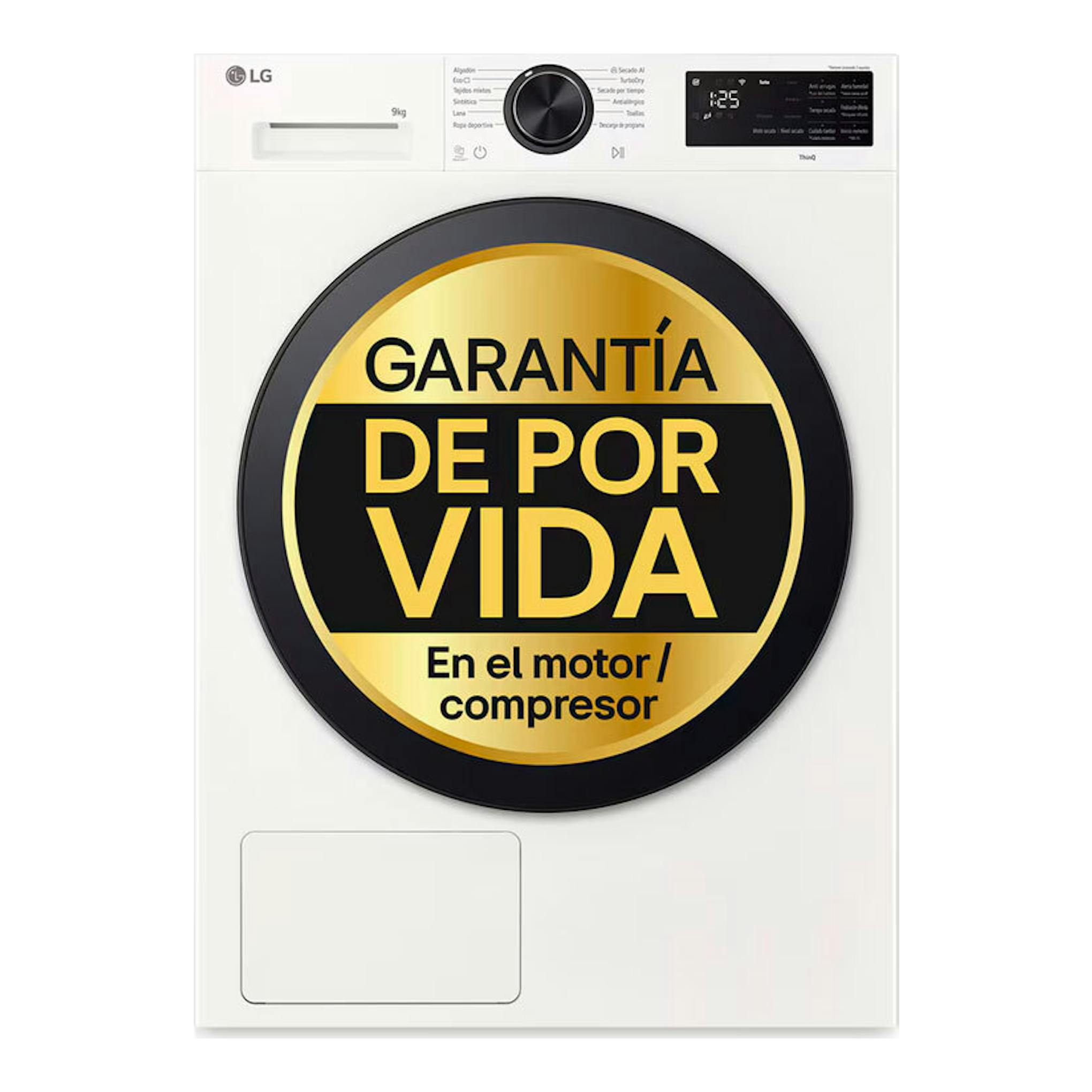 Secadora LG RHX5009TLB blanca, vista frontal, 9 kg, con panel digital y sello circular de garantía.