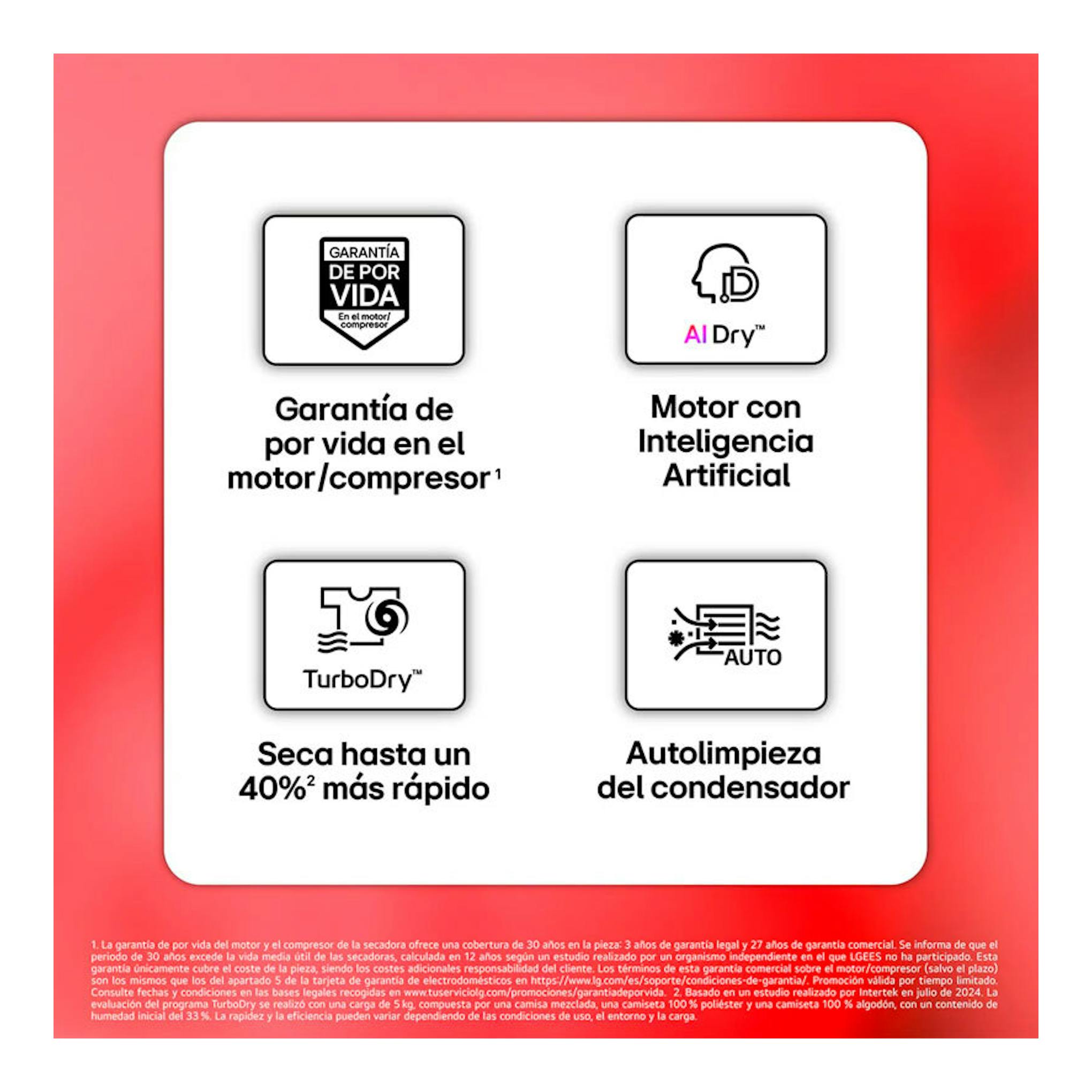 Gráfico frontal de secadora LG RHX5009TLB 9 kg con iconos de AI Dry, TurboDry y autolimpieza del condensador.