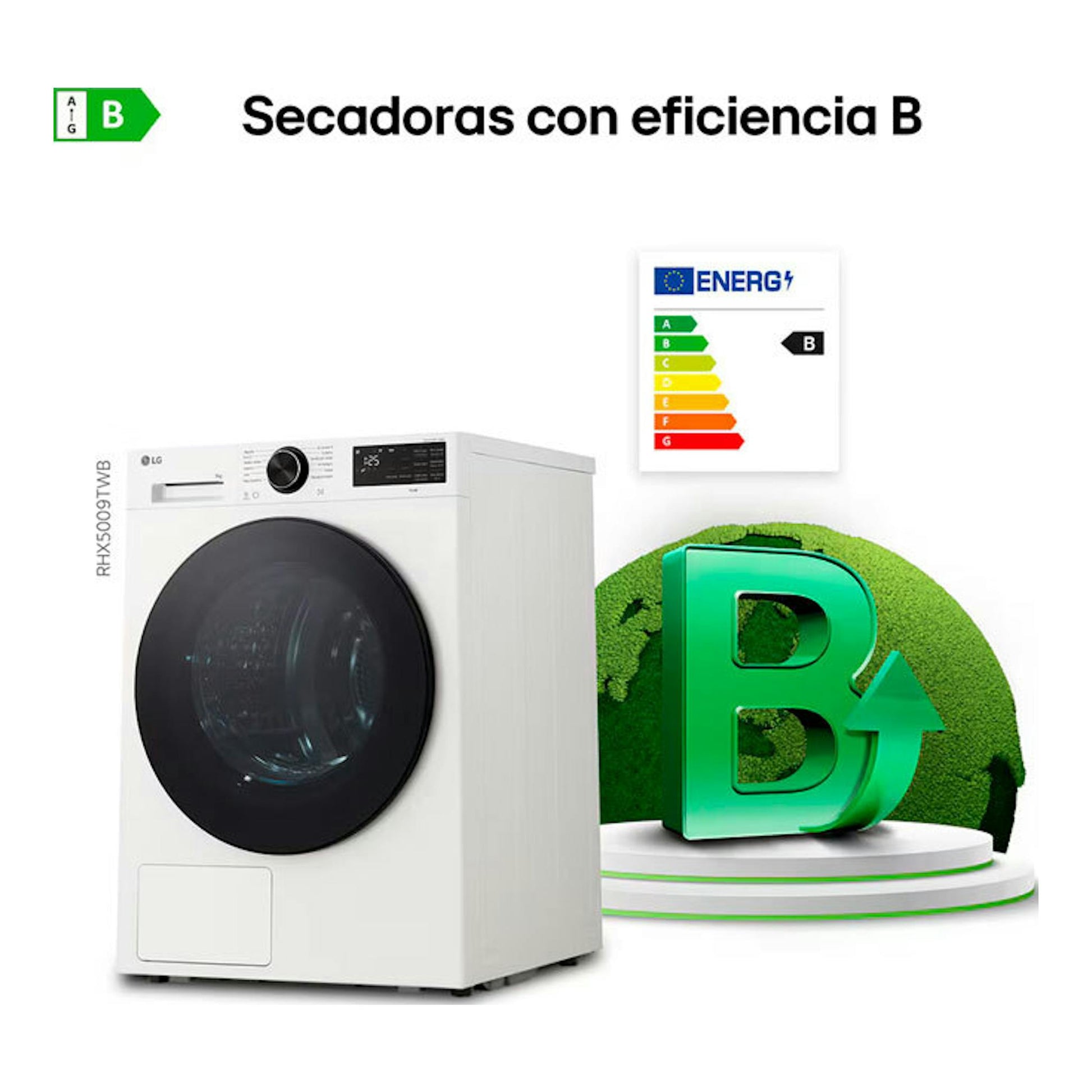 Secadora LG RHX5009TLB blanca, vista frontal, con puerta negra y etiqueta de eficiencia energética B.