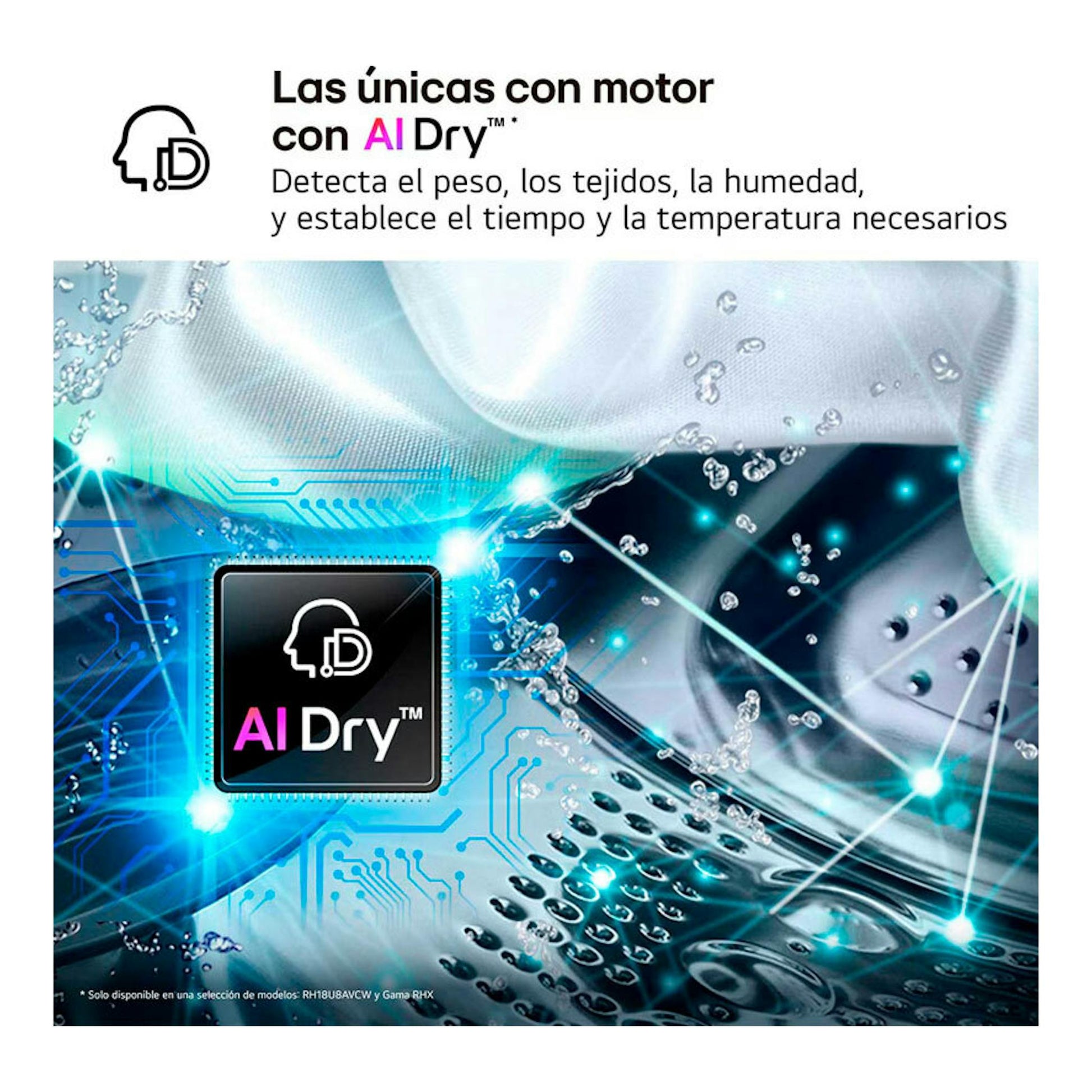 Gráfico promocional de secadora LG RHX5009TLB 9Kg con logo AI Dry y fondo azul tecnológico.