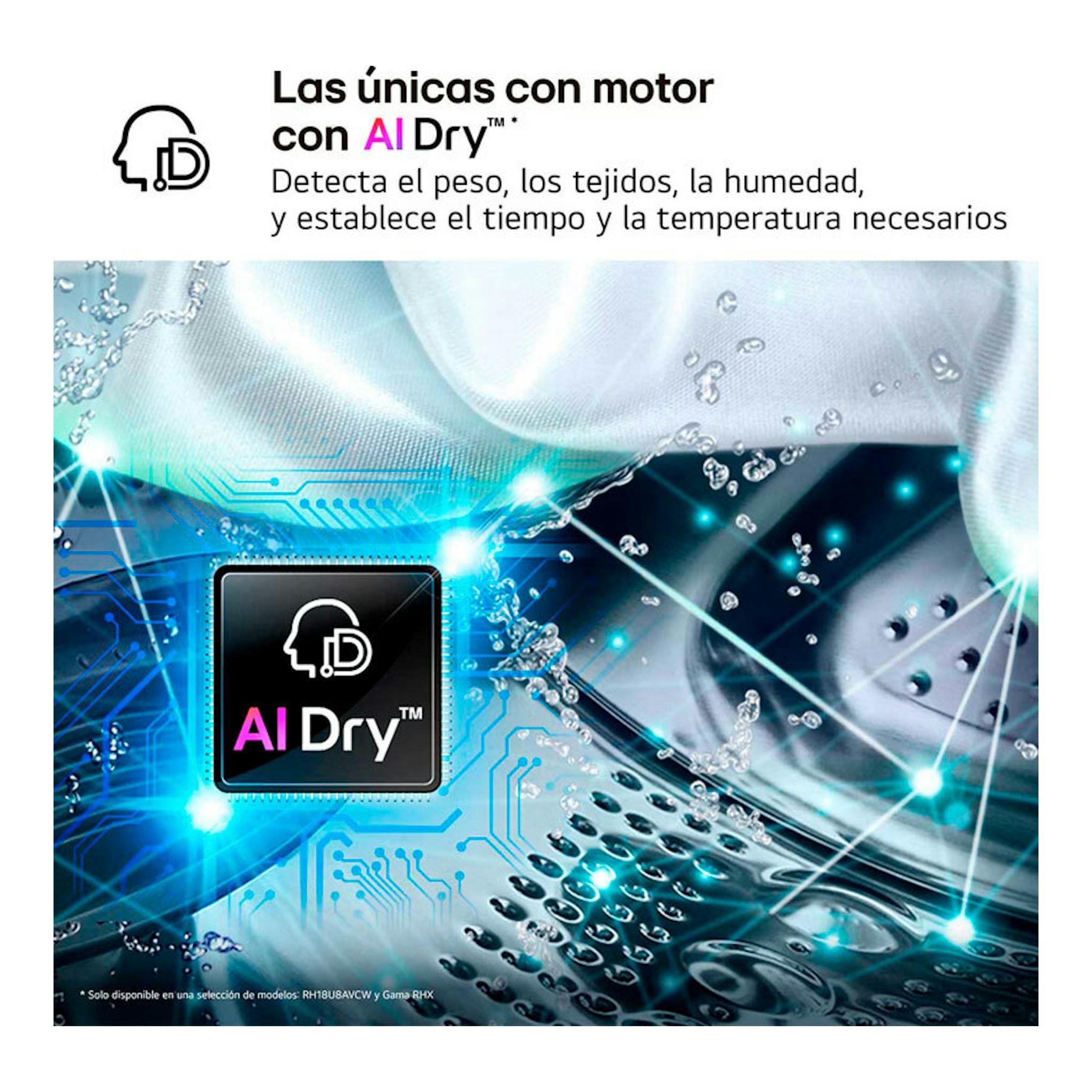 Gráfico promocional de secadora LG RHX5009TLB 9Kg con logo AI Dry y fondo azul tecnológico.