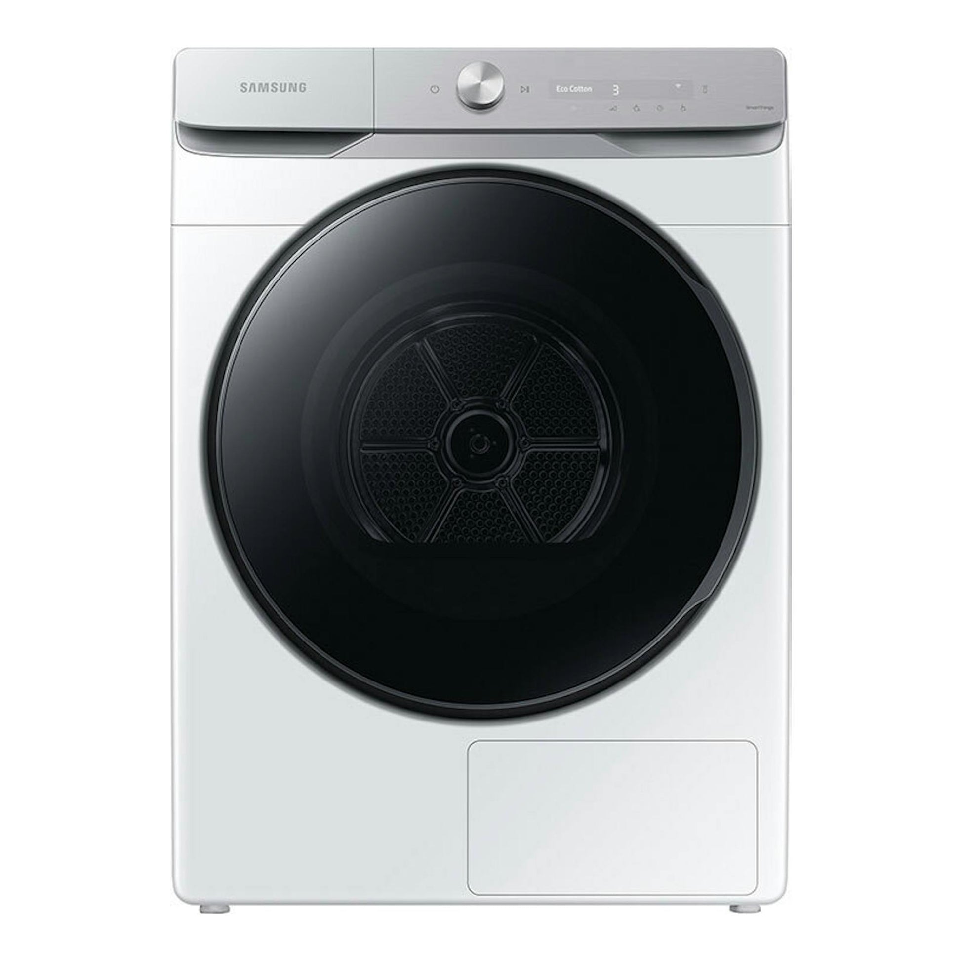 Secadora Samsung DV16DG8600BWU3 blanca, vista frontal, con puerta circular negra y panel superior gris.