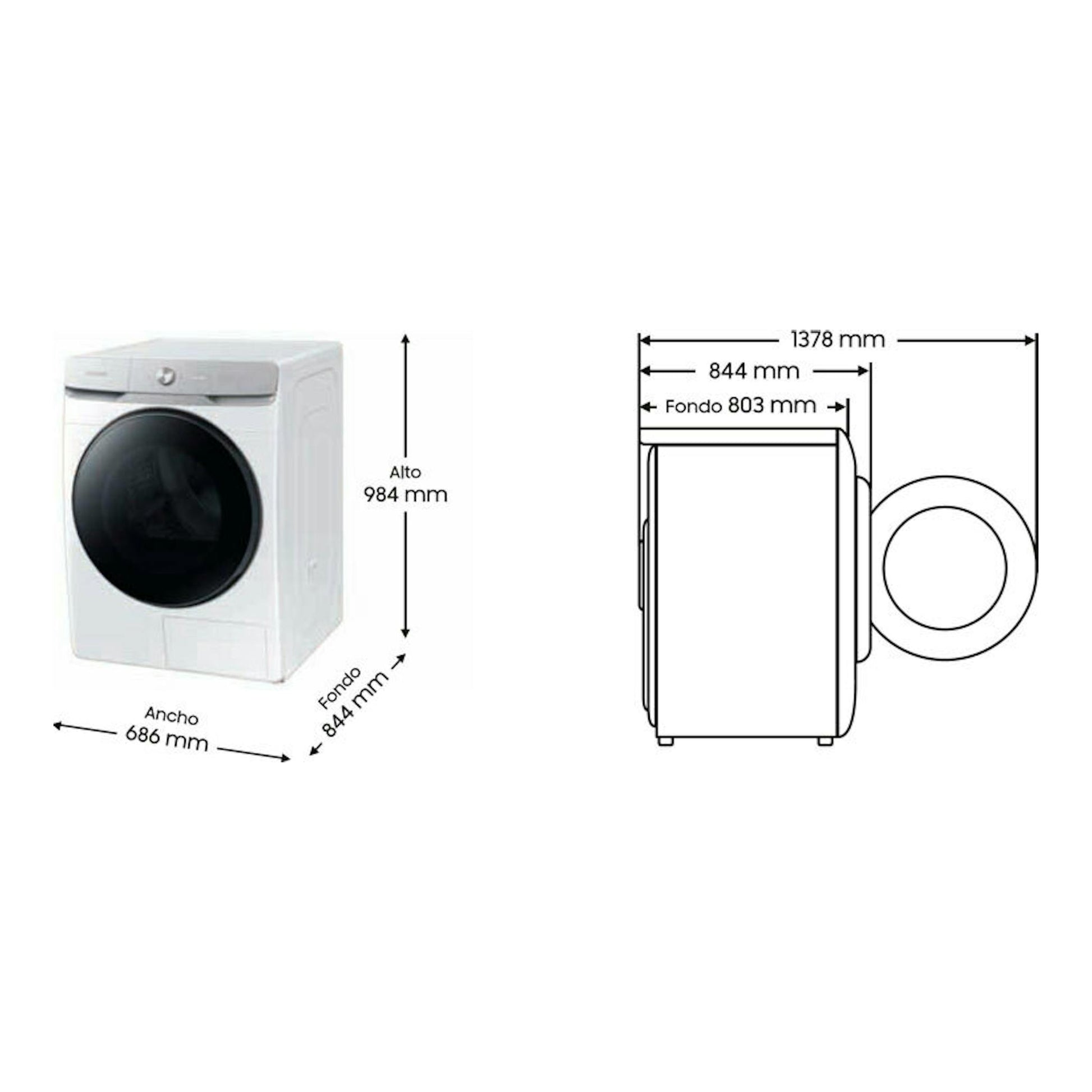 Secadora Samsung DV16DG8600BWU3 blanca, vista frontal y lateral, con medidas de ancho, alto y fondo.