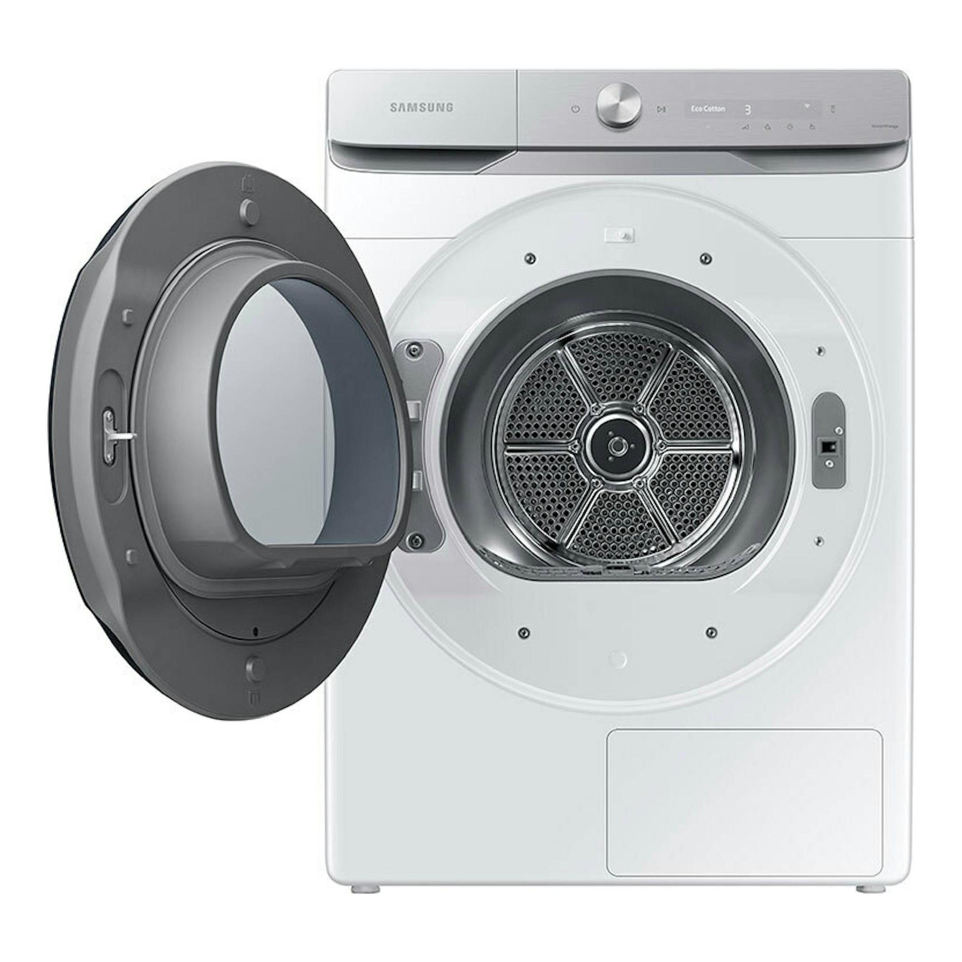 Secadora Samsung DV16DG8600BWU3 blanca, vista frontal, puerta abierta y tambor visible.