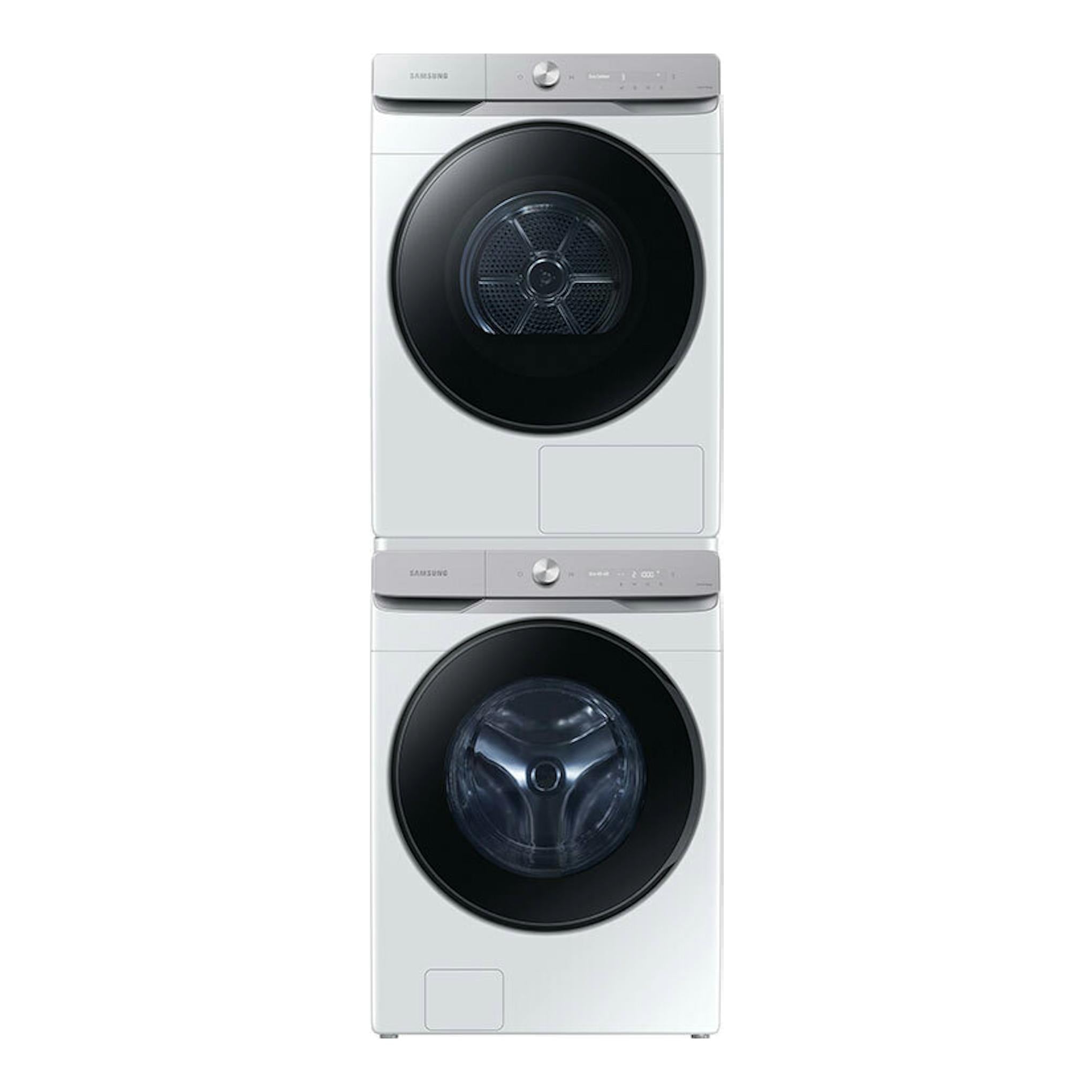 Secadora Samsung DV16DG8600BWU3 blanca, vista frontal, apilada sobre lavadora Samsung.
