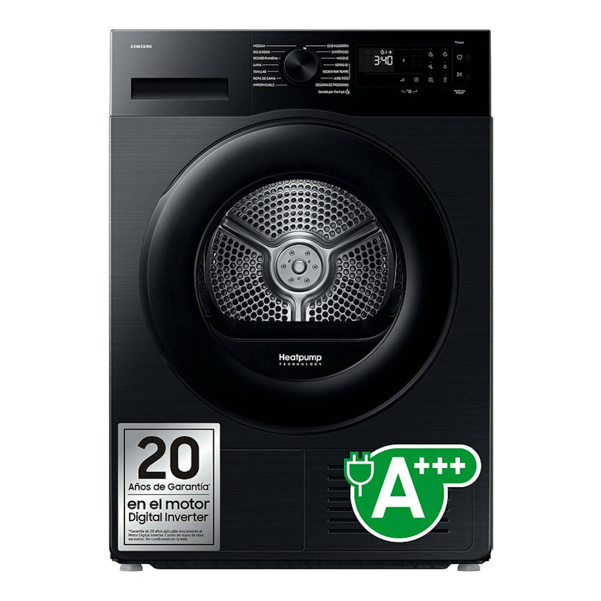 Secadora Samsung DV90DG52A0ABEC negra, vista frontal, con puerta circular y panel digital.