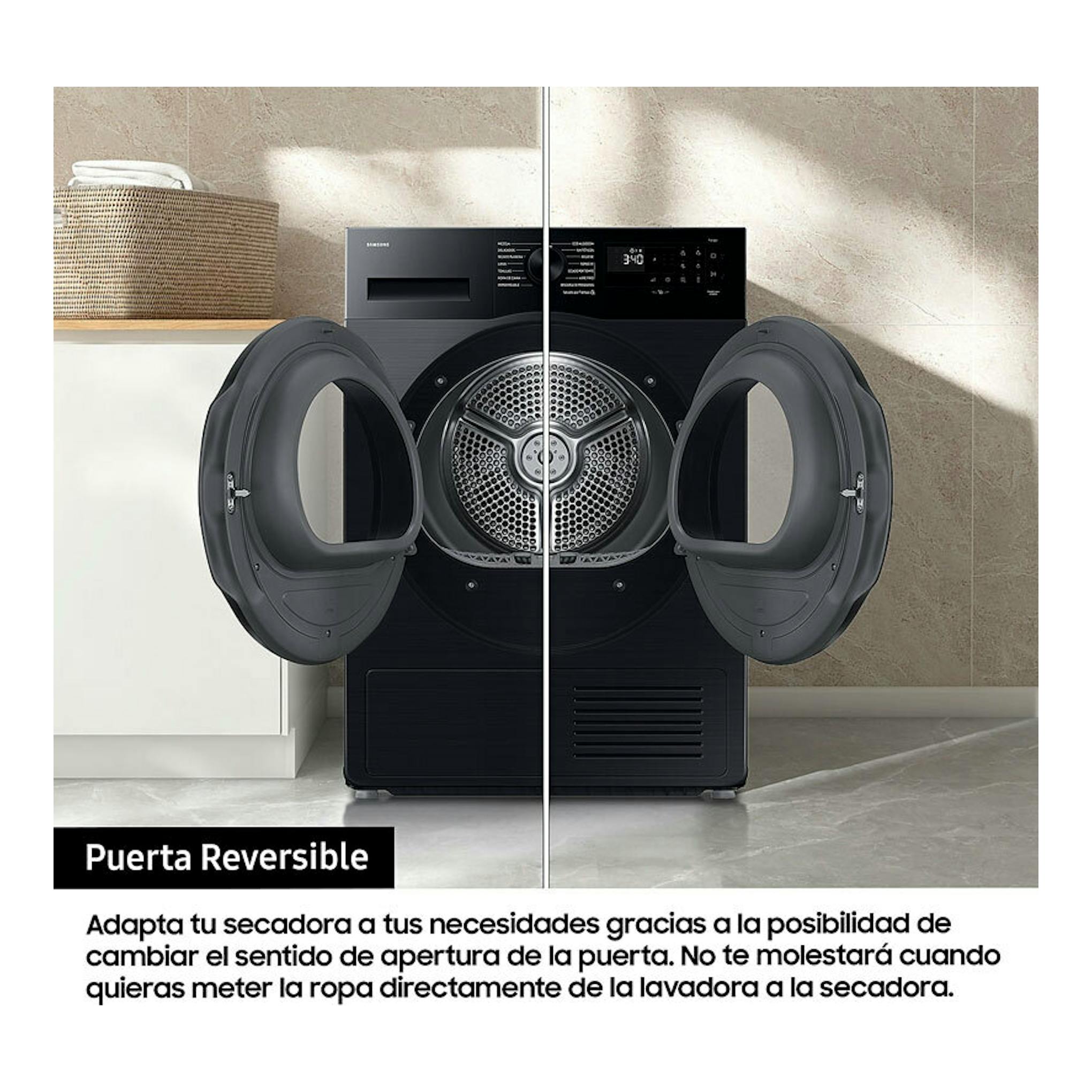 Secadora Samsung DV90DG52A0ABEC negra, vista frontal, con puerta reversible abierta.