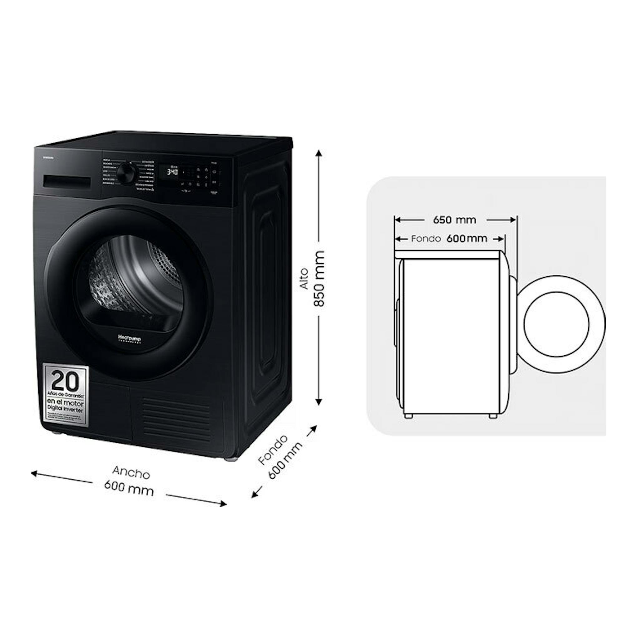 Secadora Samsung DV90DG52A0ABEC negra, vista frontal en ángulo, con medidas 600 x 850 x 600 mm.