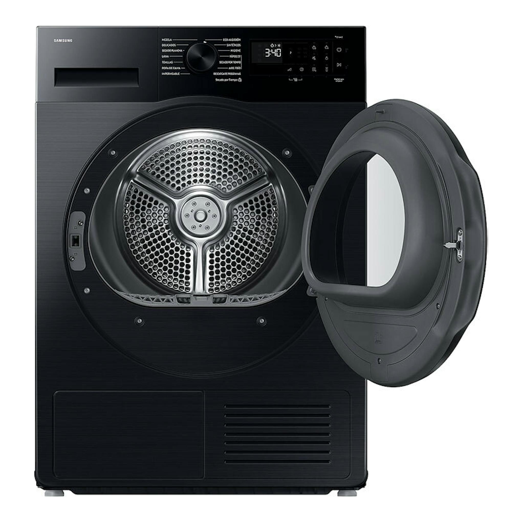 Secadora Samsung DV90DG52A0ABEC negra, vista frontal, con puerta abatible abierta y panel superior digital.