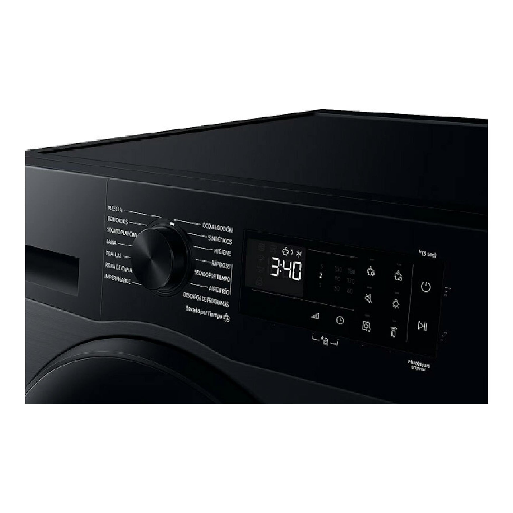Secadora Samsung DV90DG52A0ABEC negra, vista frontal en ángulo, con panel digital y mando giratorio.