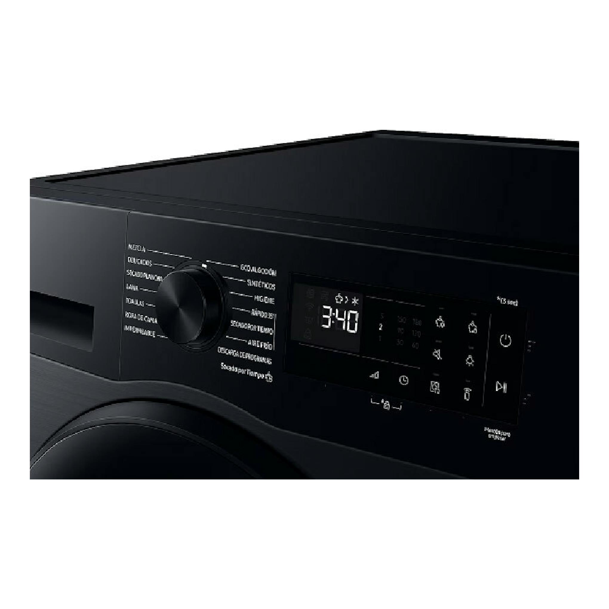 Secadora Samsung DV90DG52A0ABEC negra, vista frontal en ángulo, con panel digital y mando giratorio.