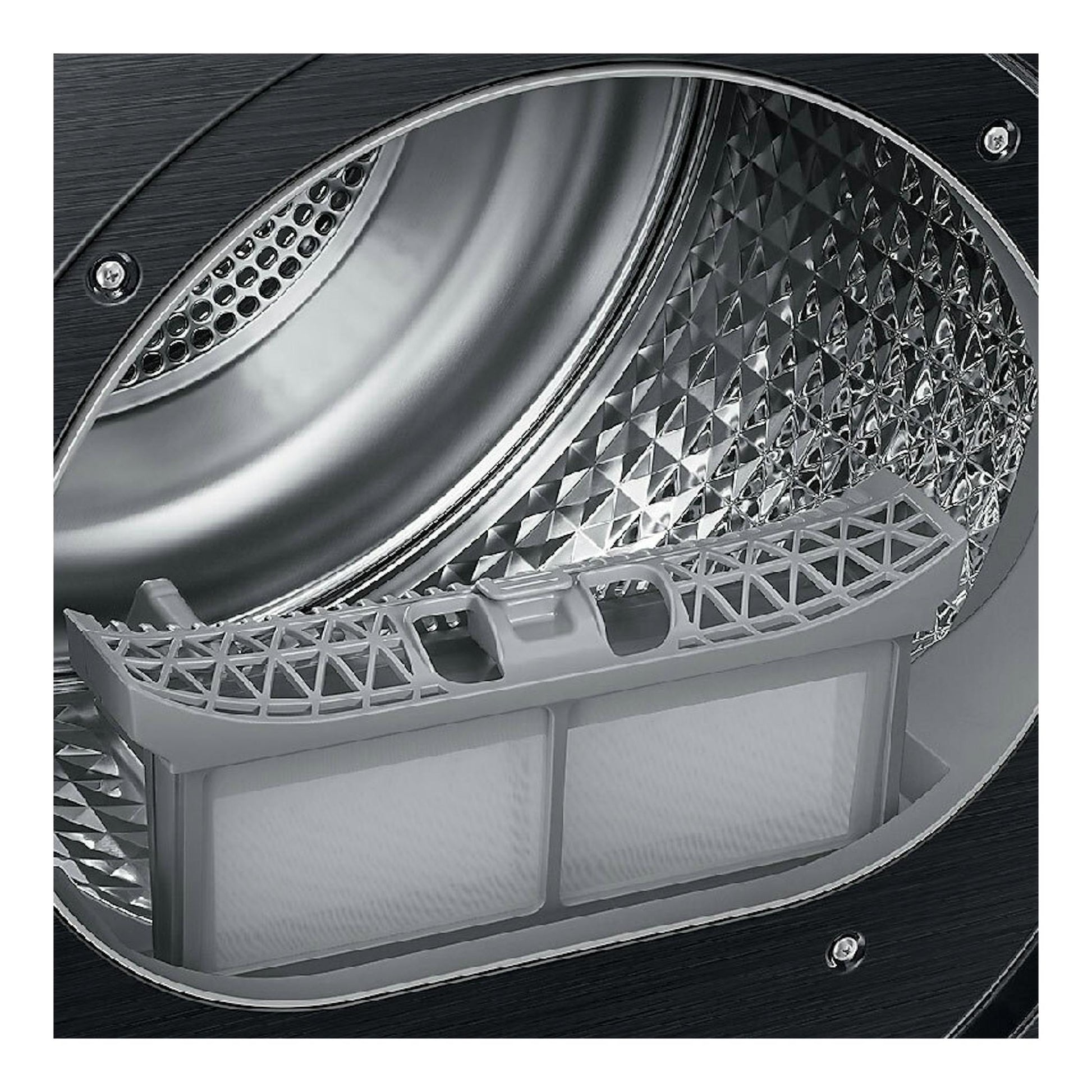 Interior de secadora Samsung DV90DG52A0ABEC, tambor metálico gris con filtro de pelusas en primer plano.