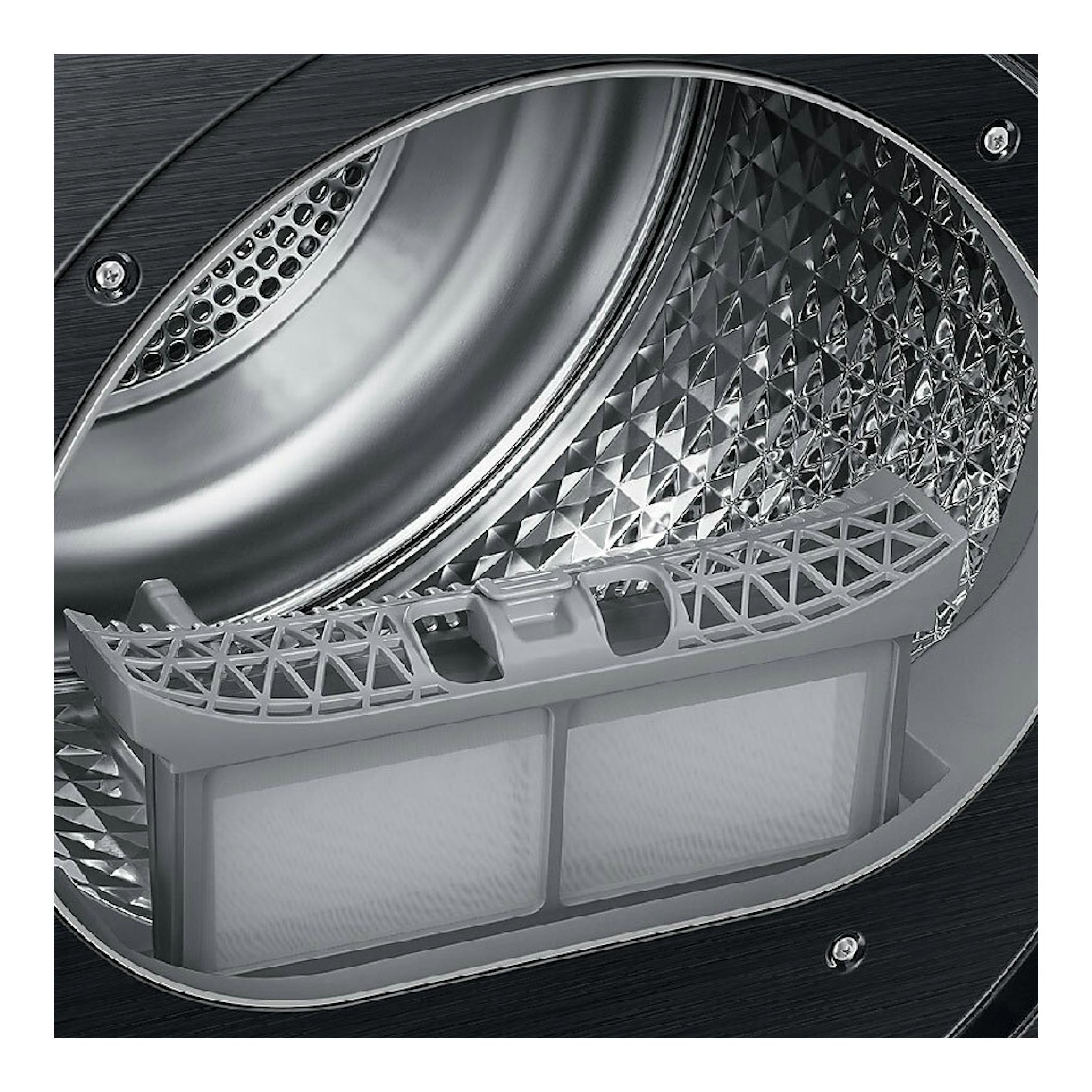 Interior de secadora Samsung DV90DG52A0ABEC, tambor metálico gris con filtro de pelusas en primer plano.
