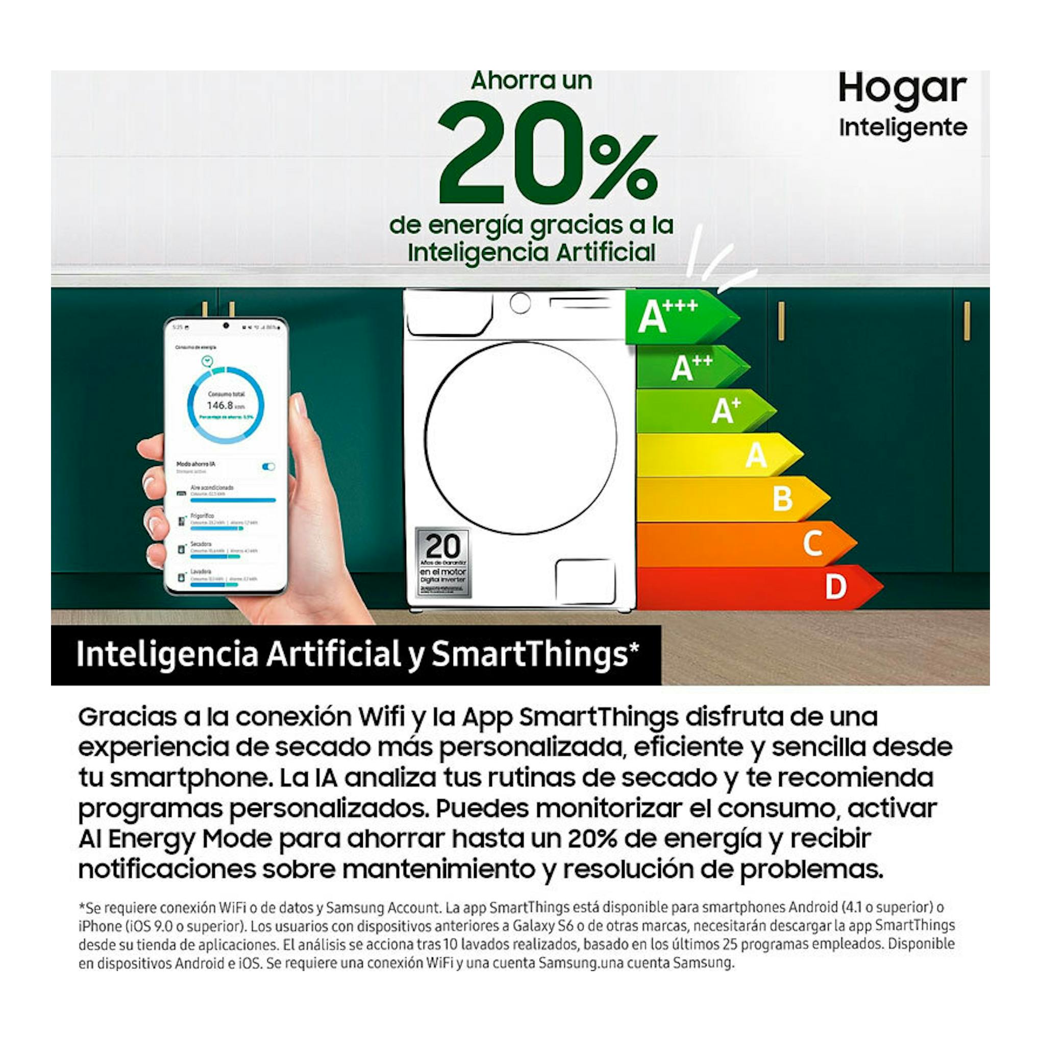 Samsung DV90DG52A0ABEC, secadora blanca de 9 kg en vista frontal, con móvil y escala de eficiencia energética.