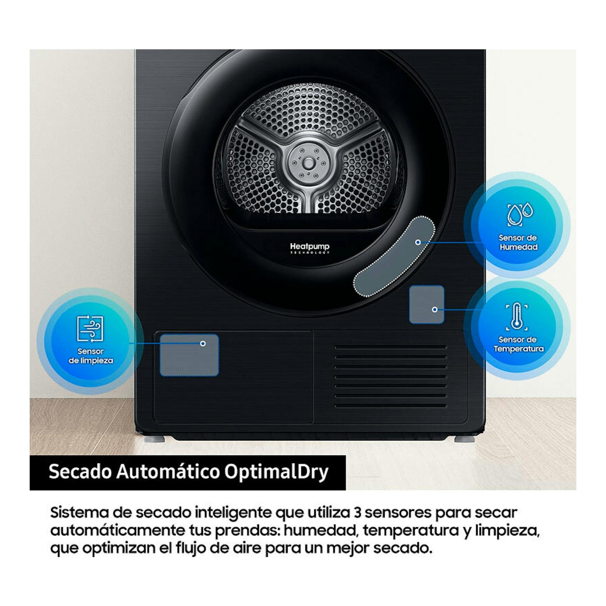 Secadora Samsung DV90DG52A0ABEC negra, vista frontal, con puerta circular y panel Heatpump, 9 kg.