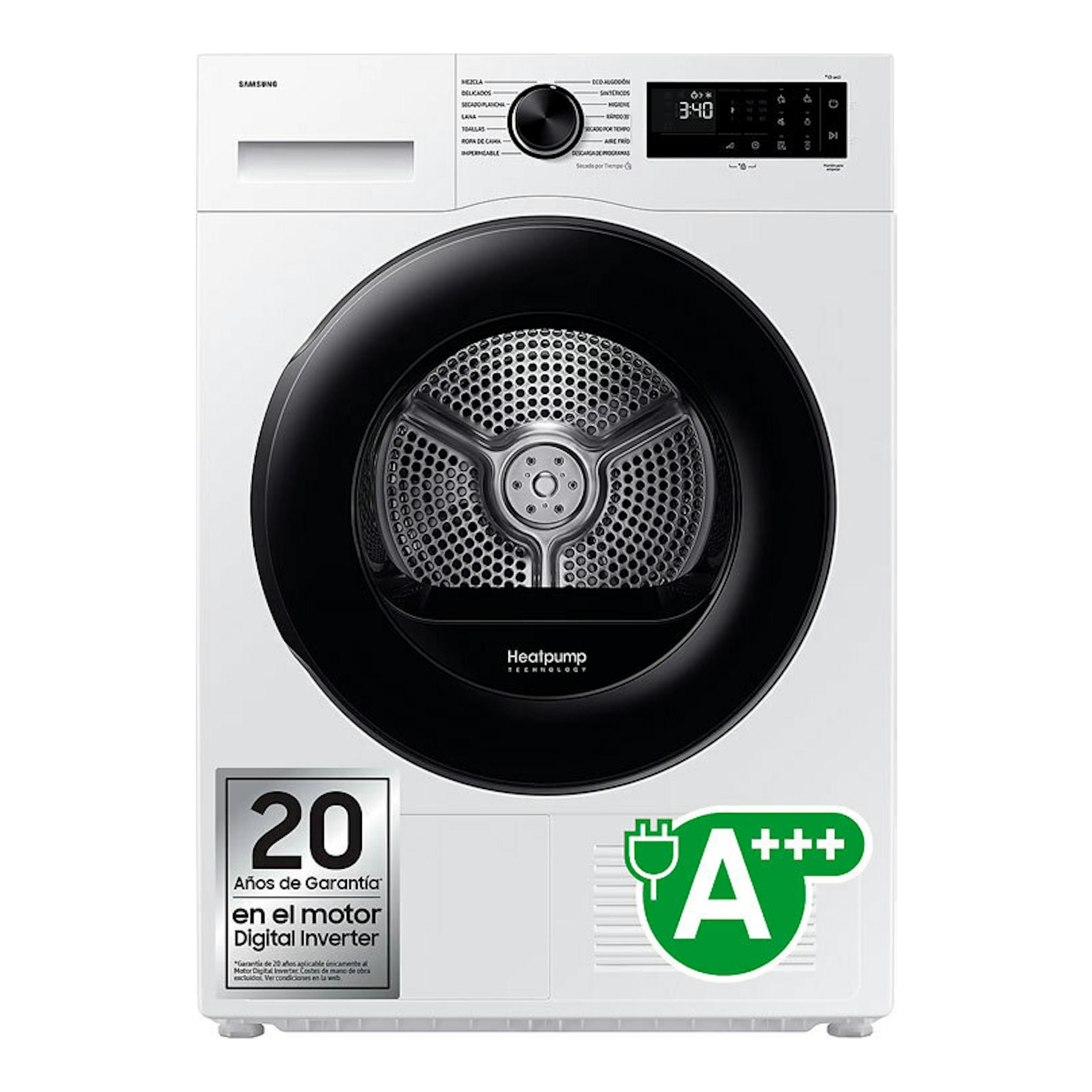 Secadora Samsung DV90DG52A0AEEC blanca, vista frontal, puerta negra circular y panel digital superior.