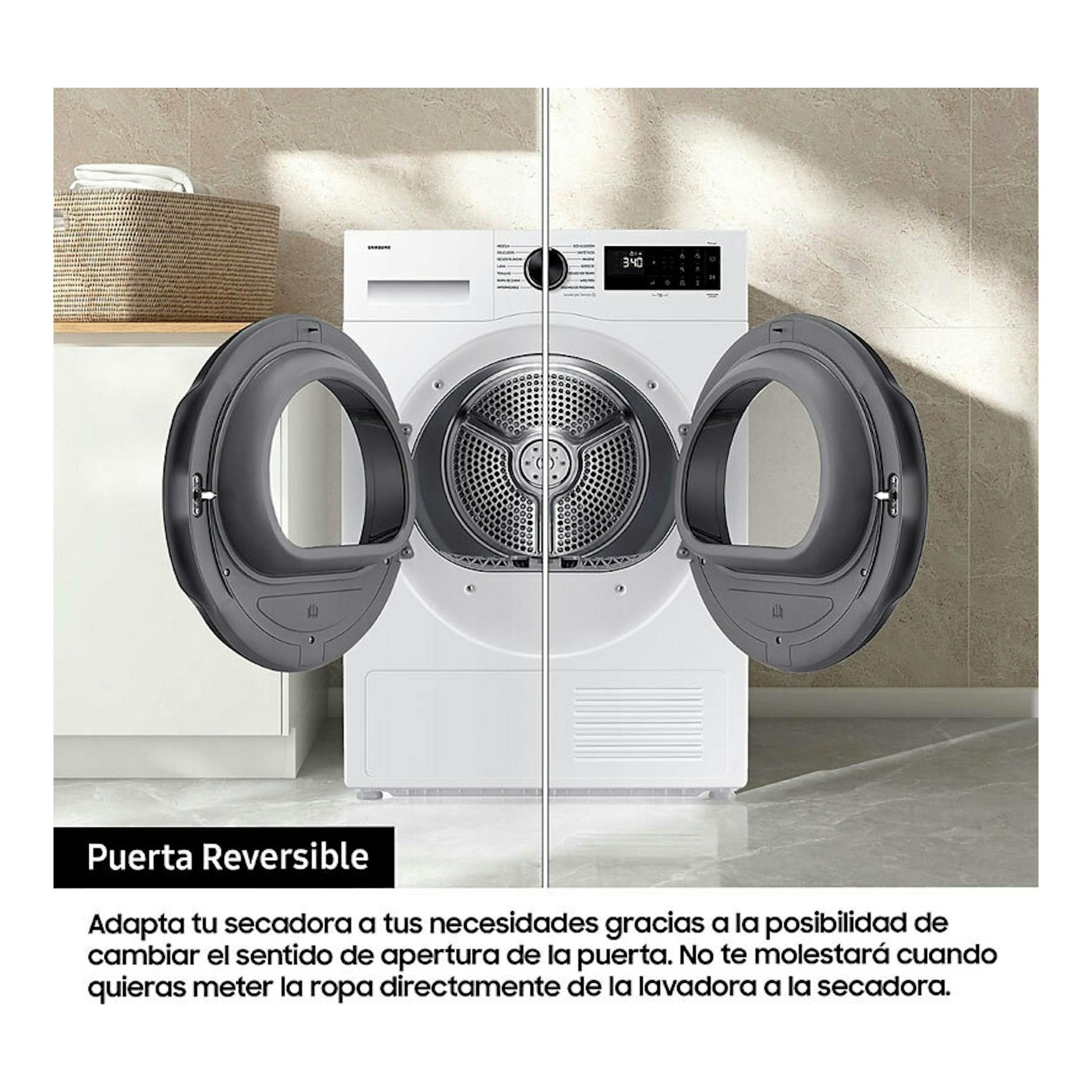 Secadora Samsung DV90DG52A0AEEC blanca, vista frontal, con puerta reversible abierta hacia ambos lados.