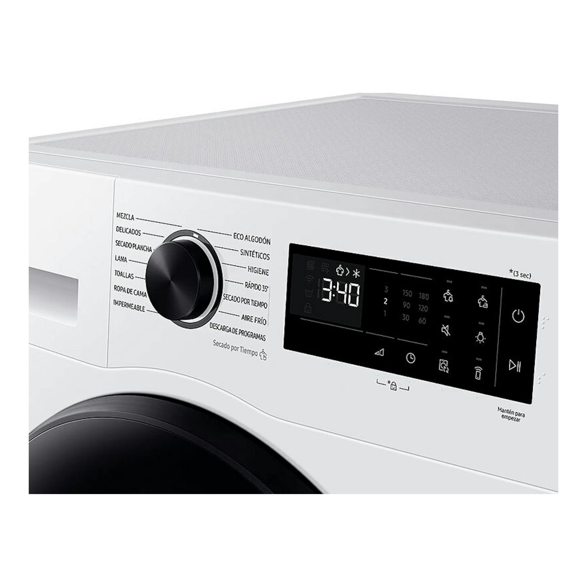 Secadora Samsung DV90DG52A0AEEC blanca, vista frontal inclinada, con selector negro y panel digital.