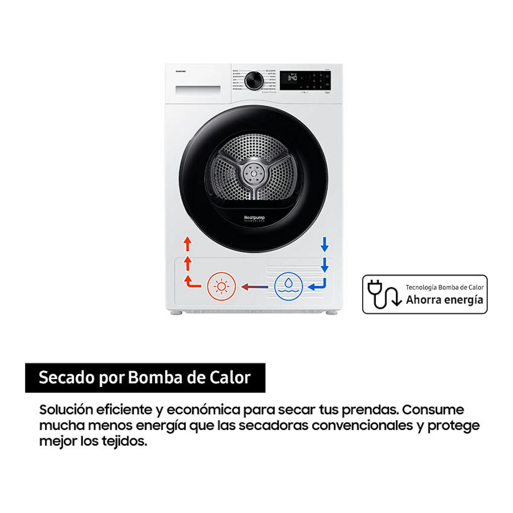 Secadora Samsung DV90DG52A0AEEC blanca, vista frontal, con puerta circular negra y panel digital superior.