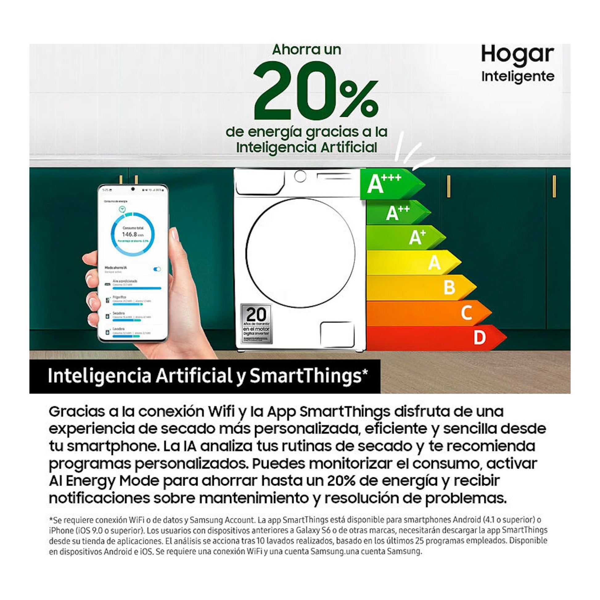Secadora Samsung DV90DG52A0AEEC blanca, vista frontal, con anuncio de SmartThings y ahorro de energía del 20%.