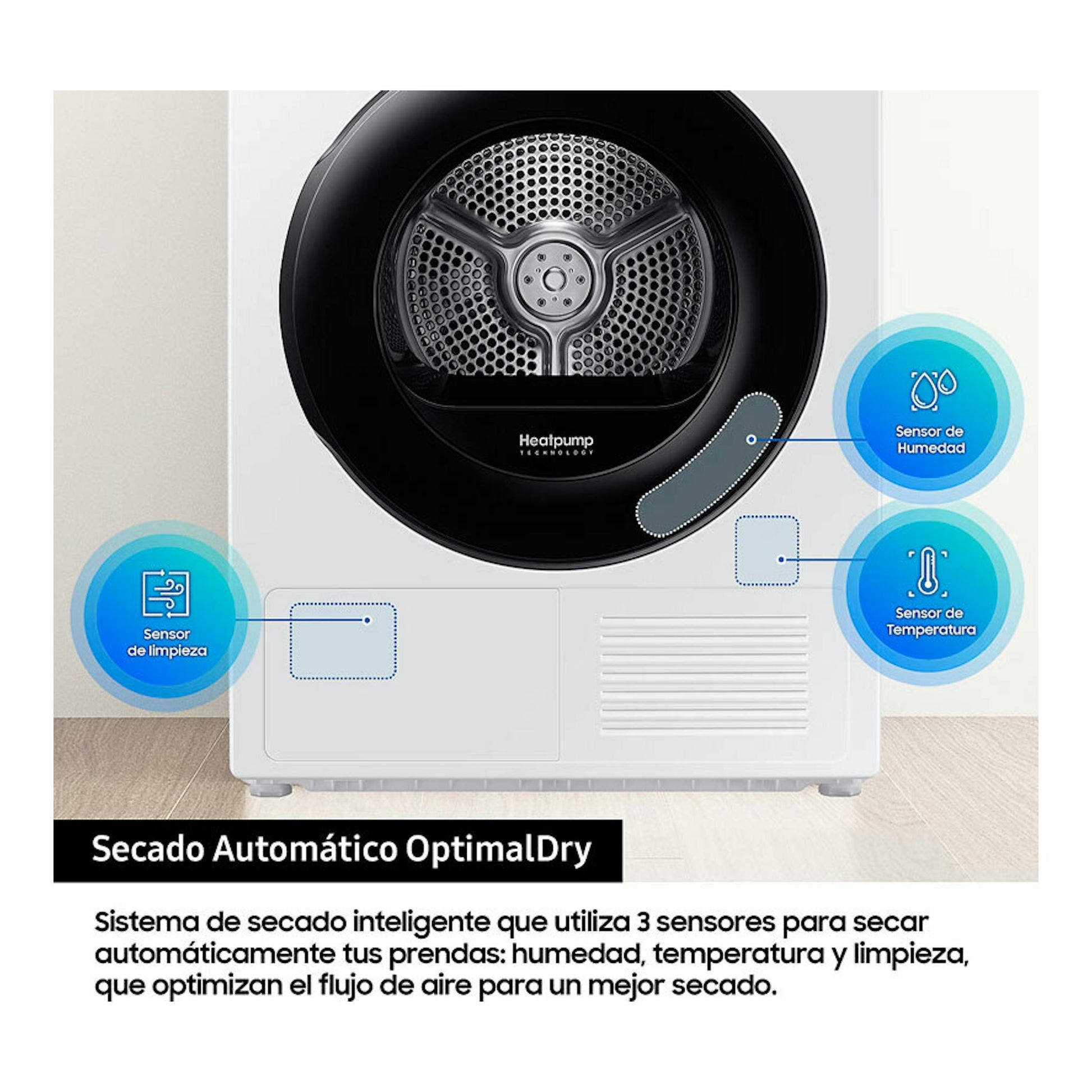 Secadora Samsung DV90DG52A0AEEC blanca, vista frontal, con puerta negra circular y sensores.