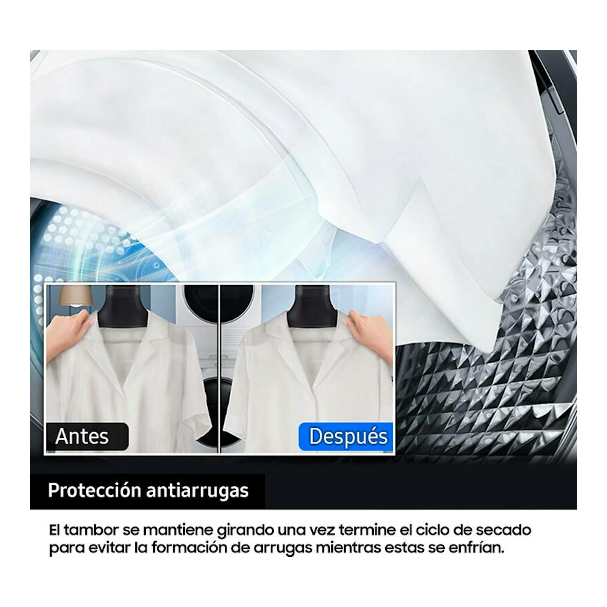 Secadora Samsung DV90DG52A0AEEC, vista frontal con gráfico de protección antiarrugas y camisa antes/después.