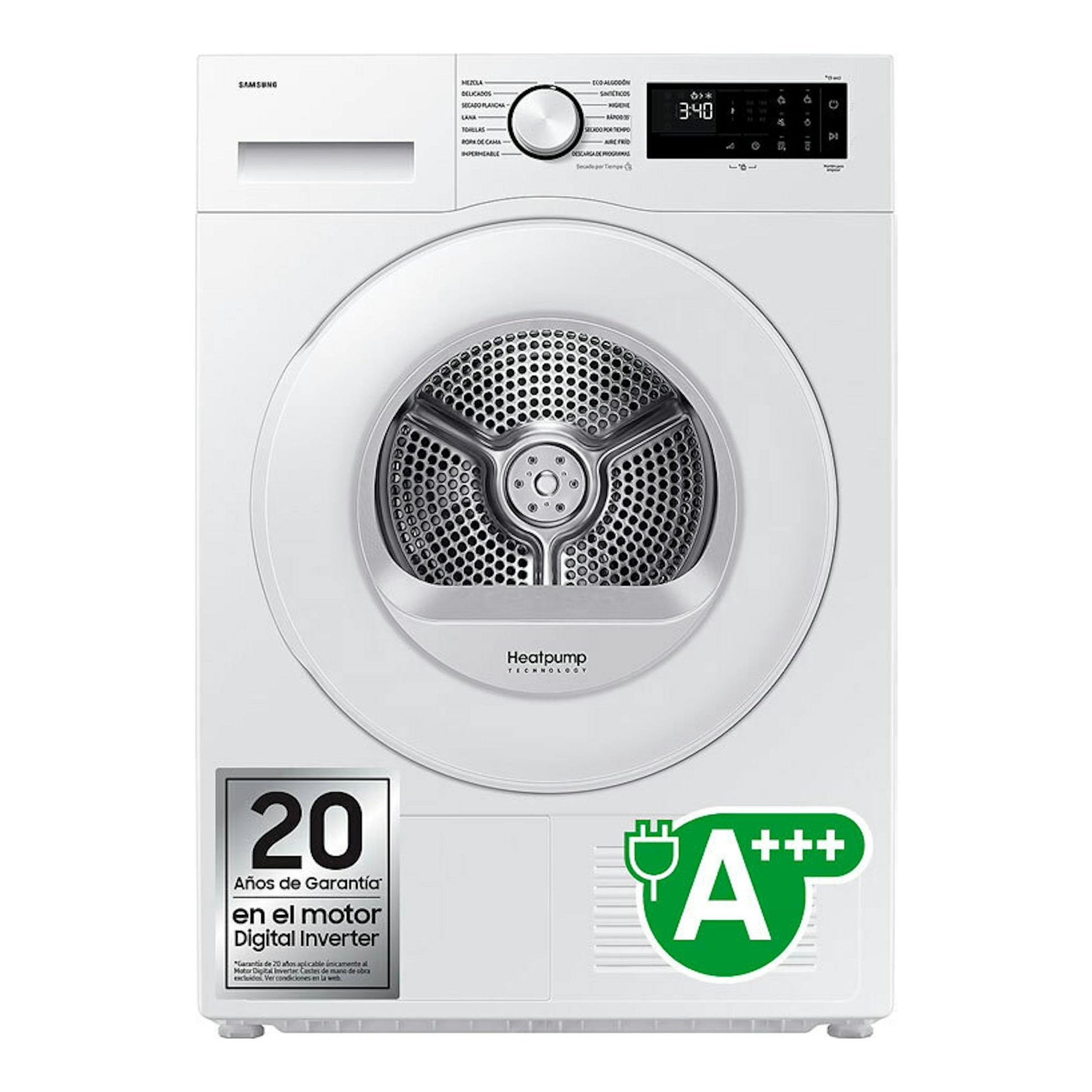 Secadora Samsung DV90DG52A0TEEC blanca, vista frontal, con panel digital y tambor de carga frontal.