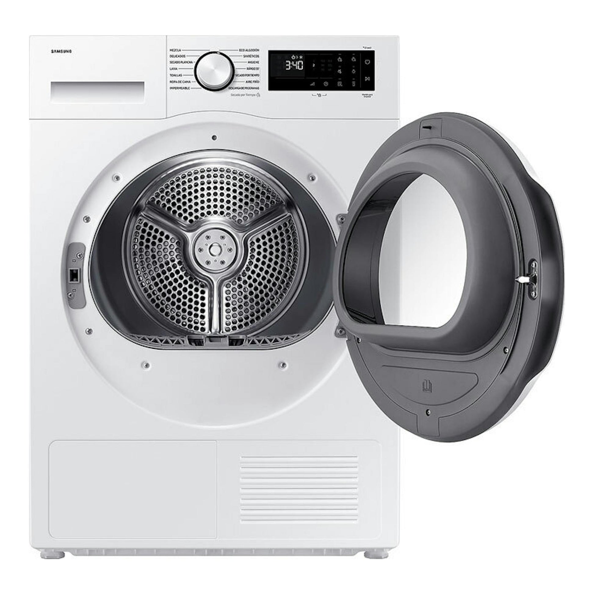 Secadora Samsung DV90DG52A0TEEC blanca, vista frontal, con la puerta abierta.