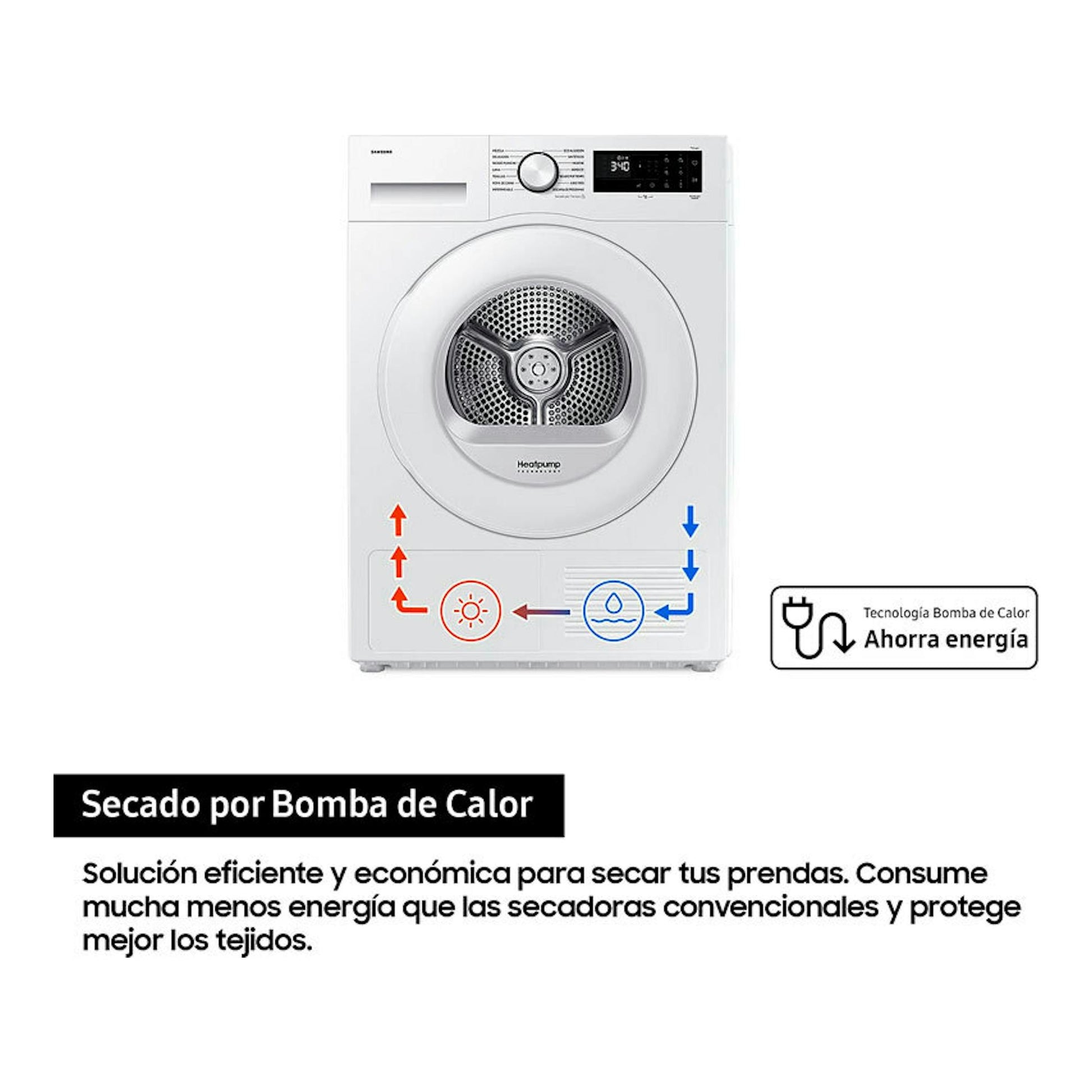 Secadora Samsung DV90DG52A0TEEC blanca, vista frontal, con bomba de calor.