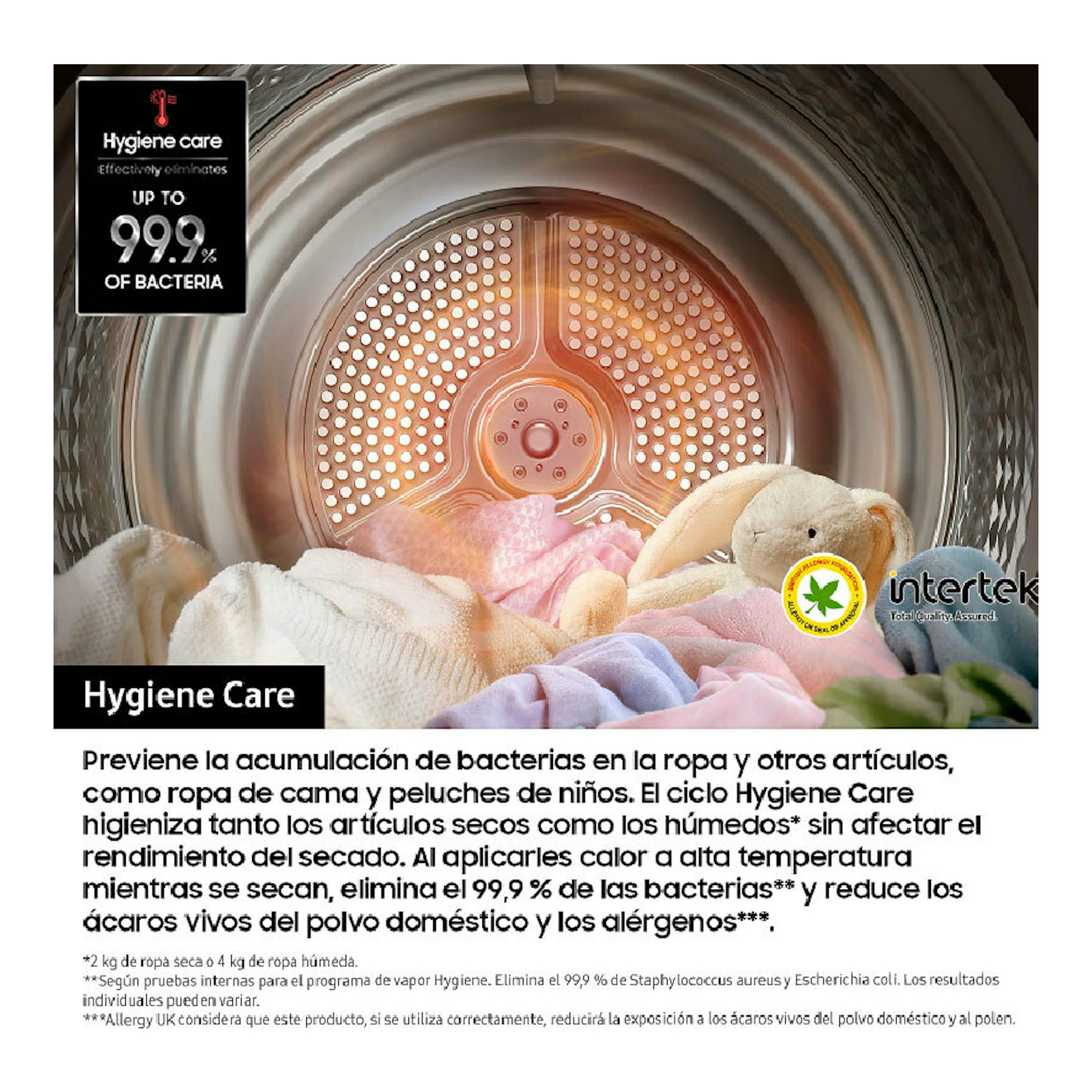 Secadora Samsung DV90DG52A0TEEC, vista interior del tambor con ropa y texto Hygiene Care.