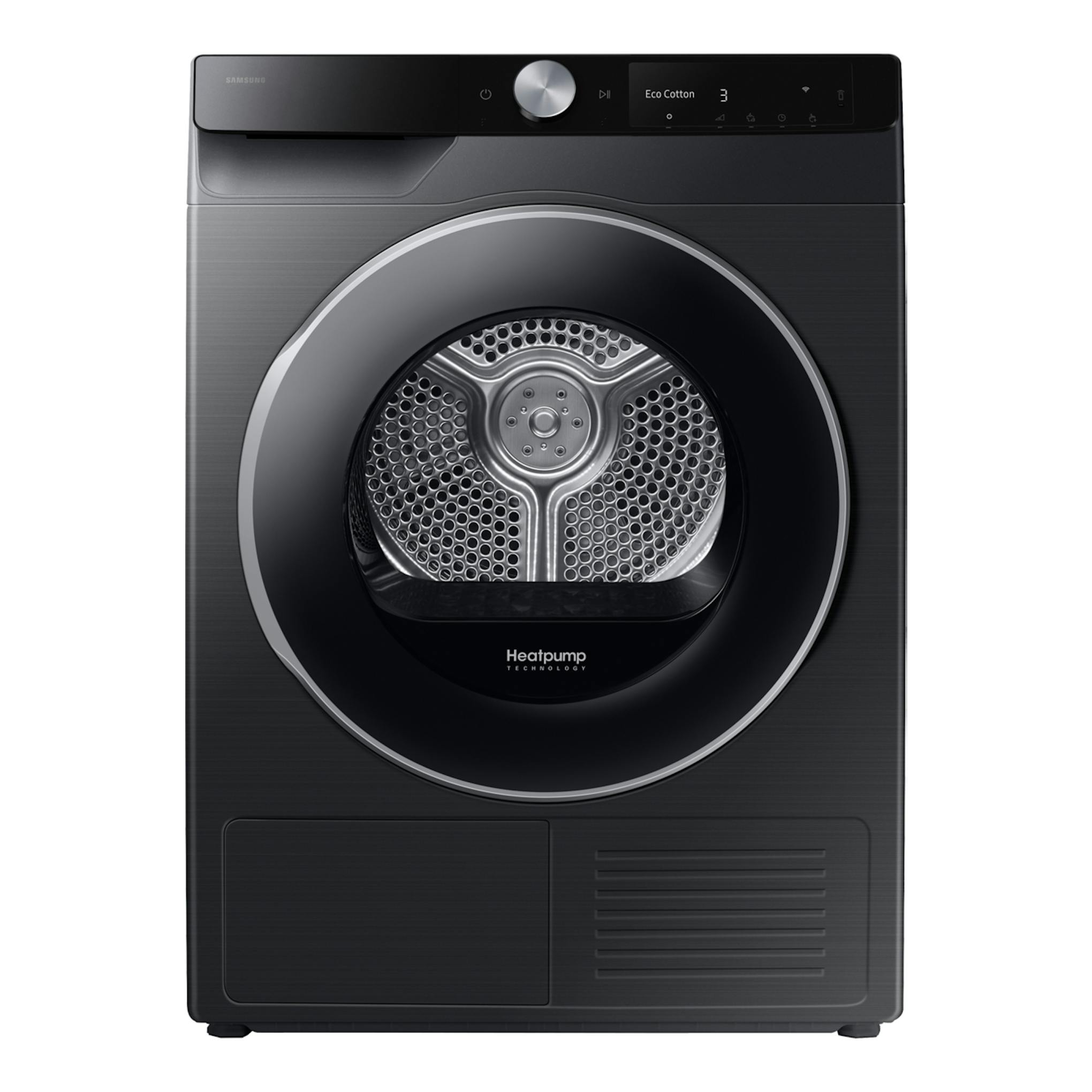 Secadora Samsung DV90DG6845LBU3 negra, vista frontal, con puerta circular y panel superior táctil.