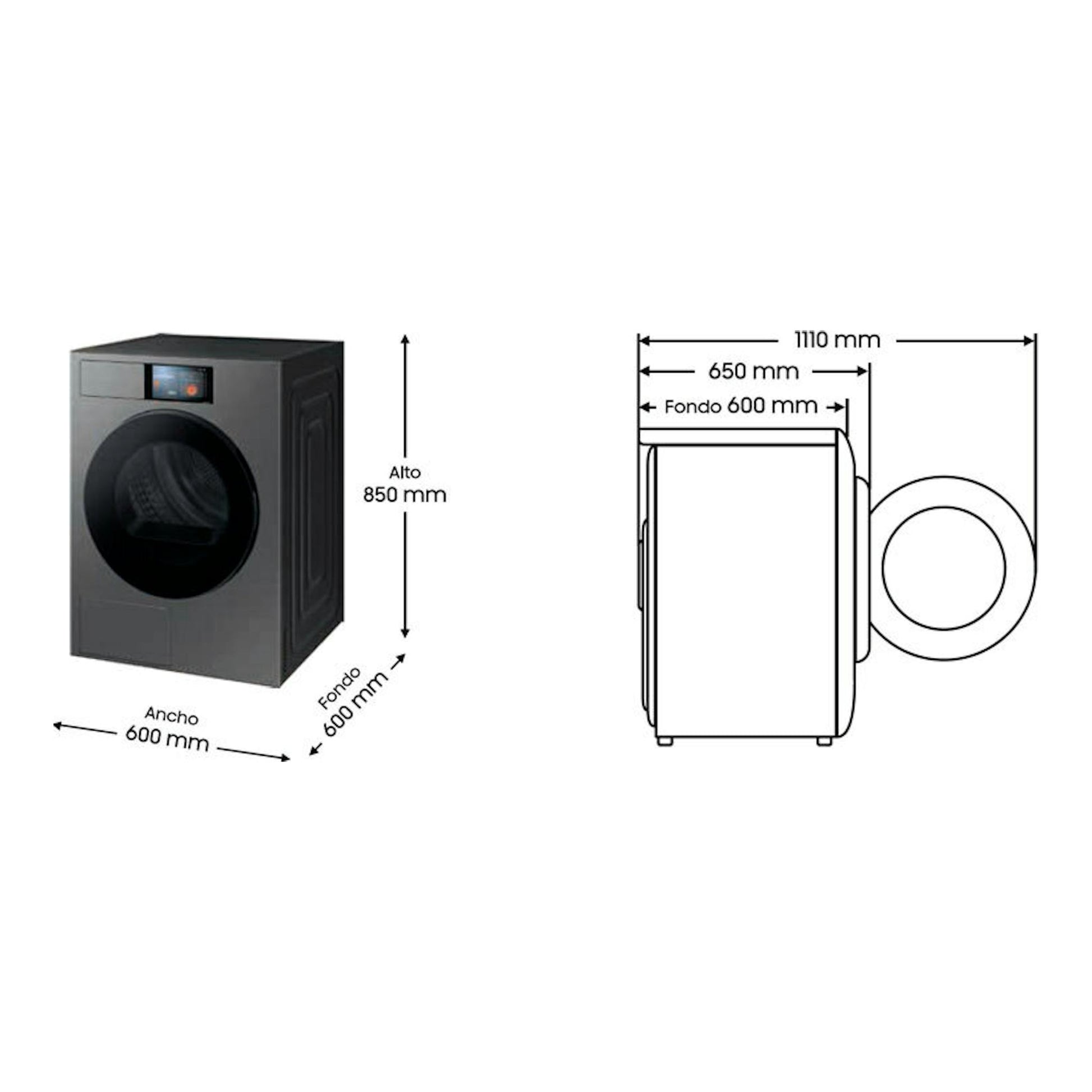 Secadora Samsung DV90F09F4SU3 negra, vista frontal y lateral con medidas 850 x 600 x 600 mm.