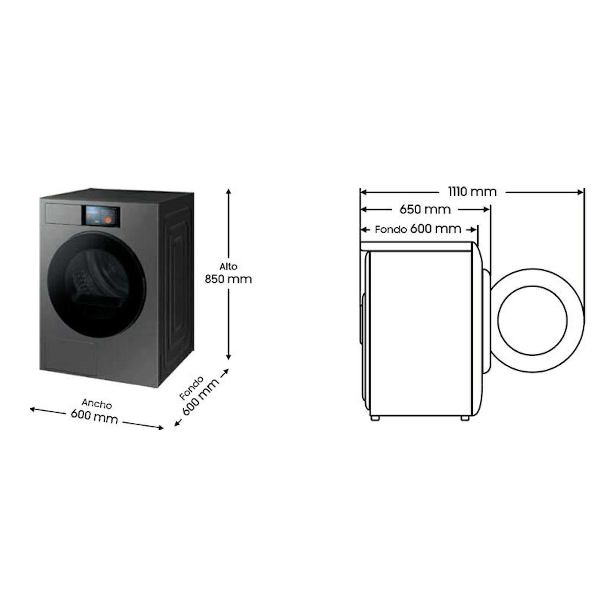 Secadora Samsung DV90F09F4SU3 negra, vista frontal y lateral con medidas 850 x 600 x 600 mm.