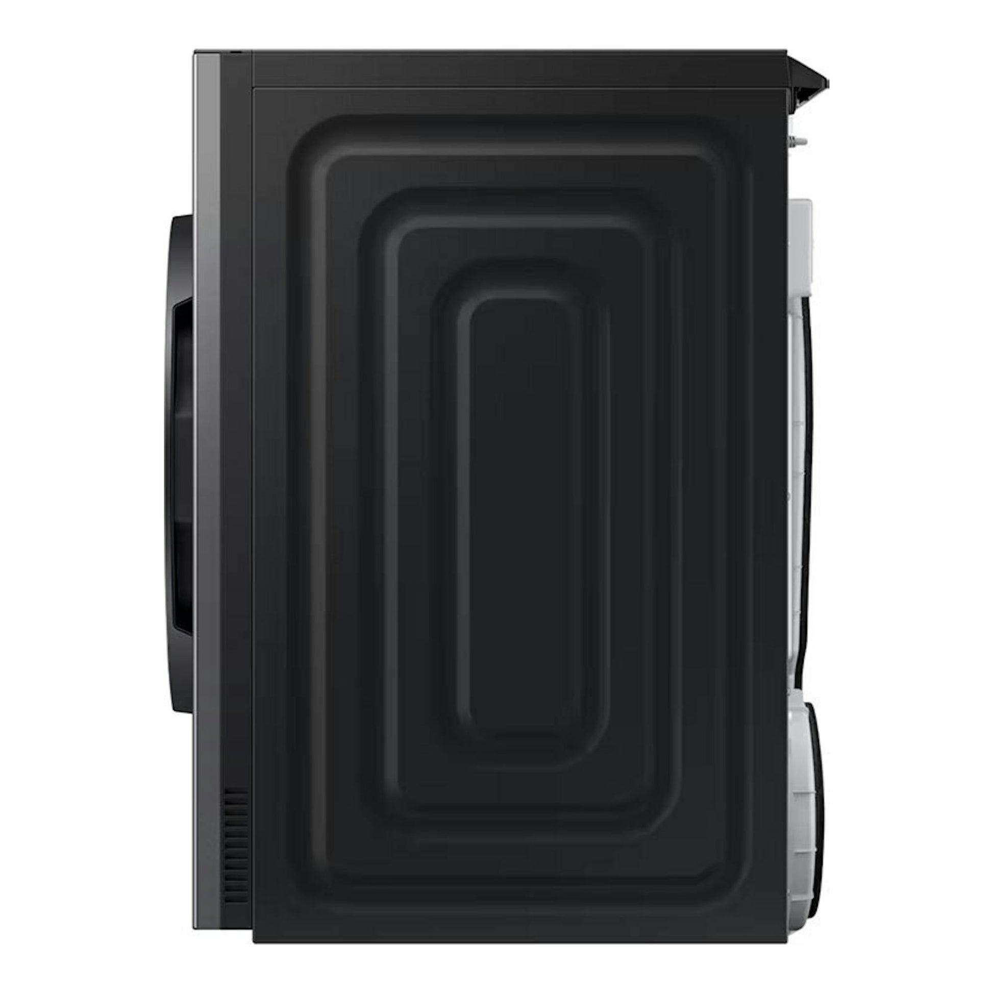 Secadora Samsung DV90F09F4SU3 negra, vista lateral, con panel frontal curvo y detalles grises.