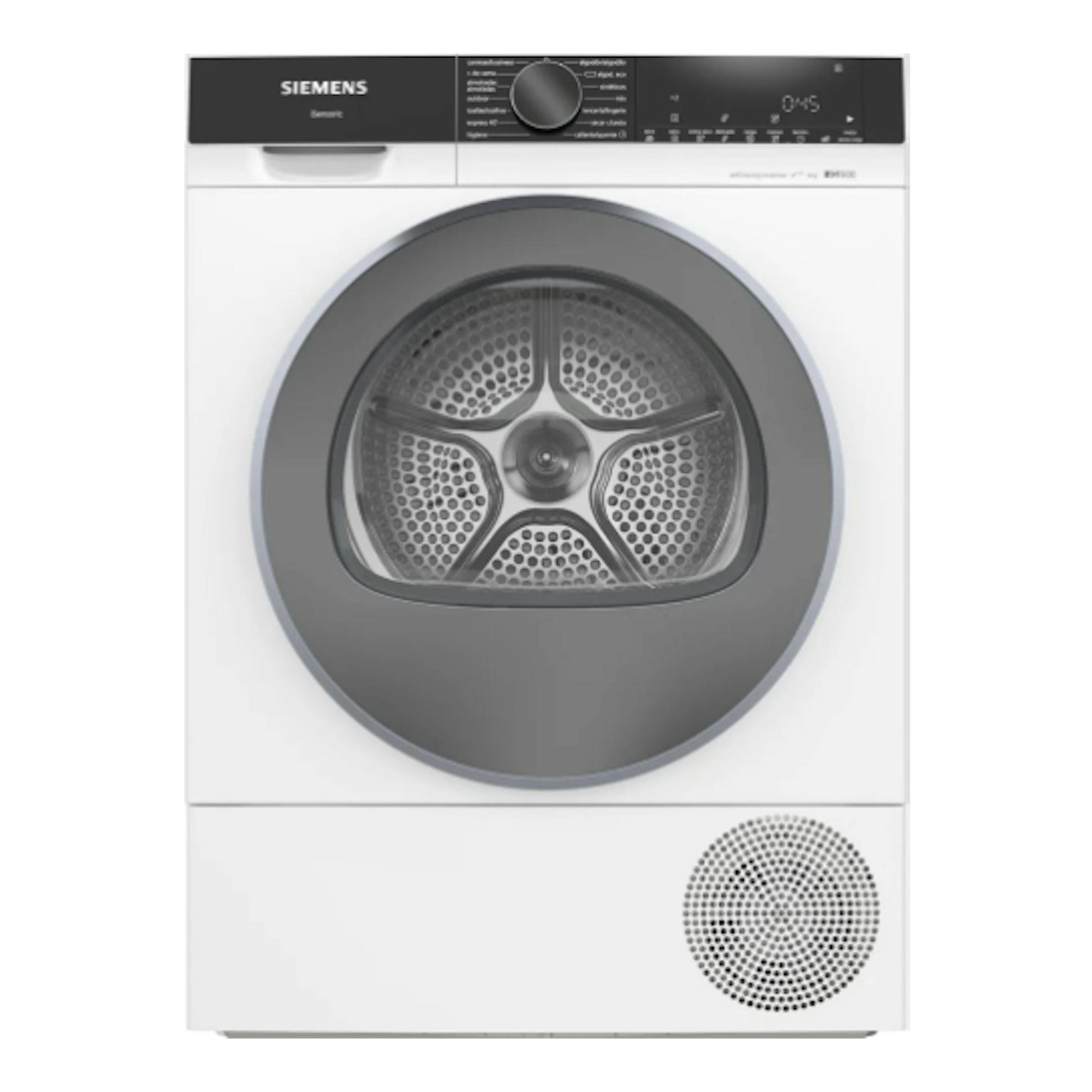 Secadora Siemens WQ35G2D0ES blanca, vista frontal, con puerta redonda gris y panel superior negro.