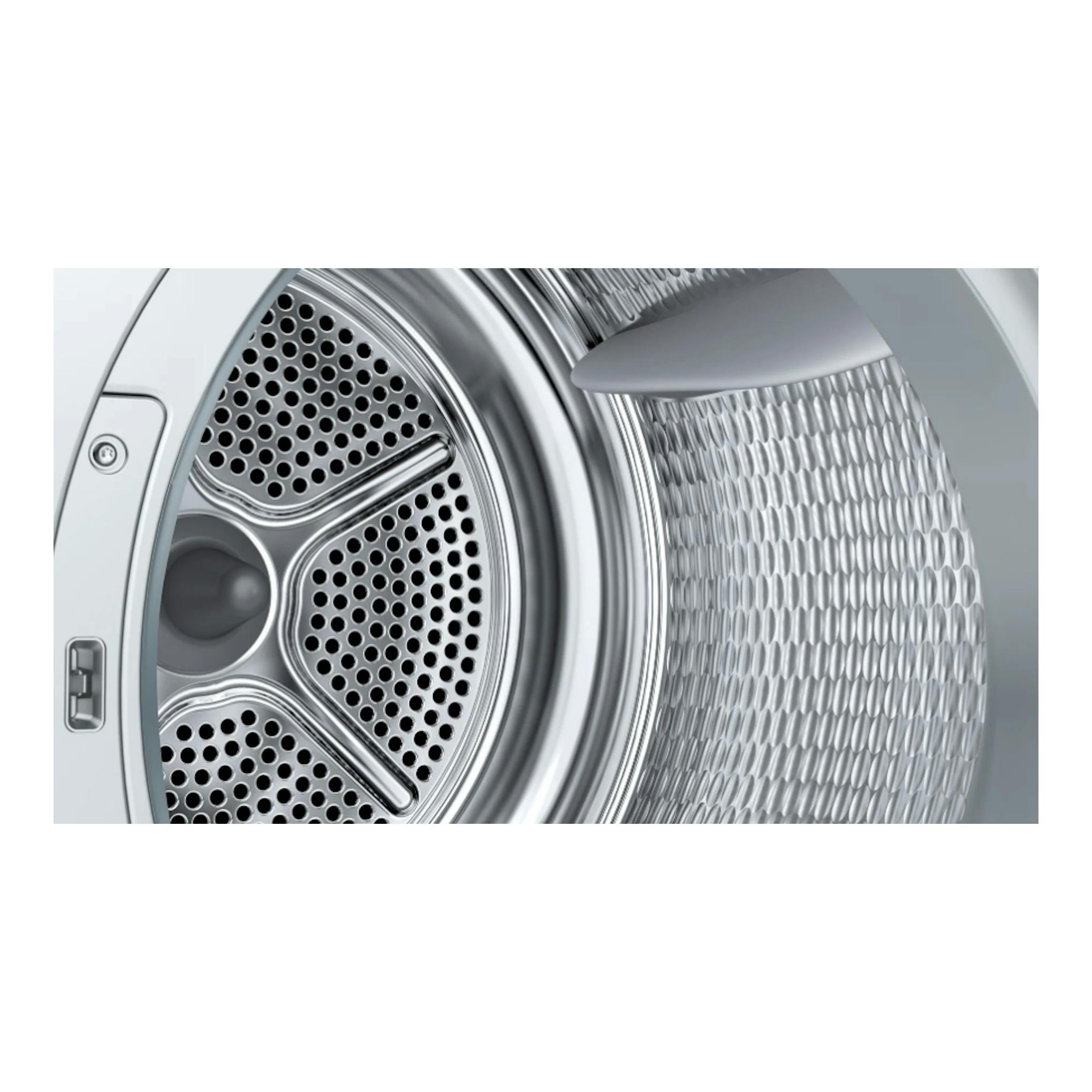 Secadora Siemens WQ35G2D0ES, interior del tambor de acero inoxidable en vista frontal.