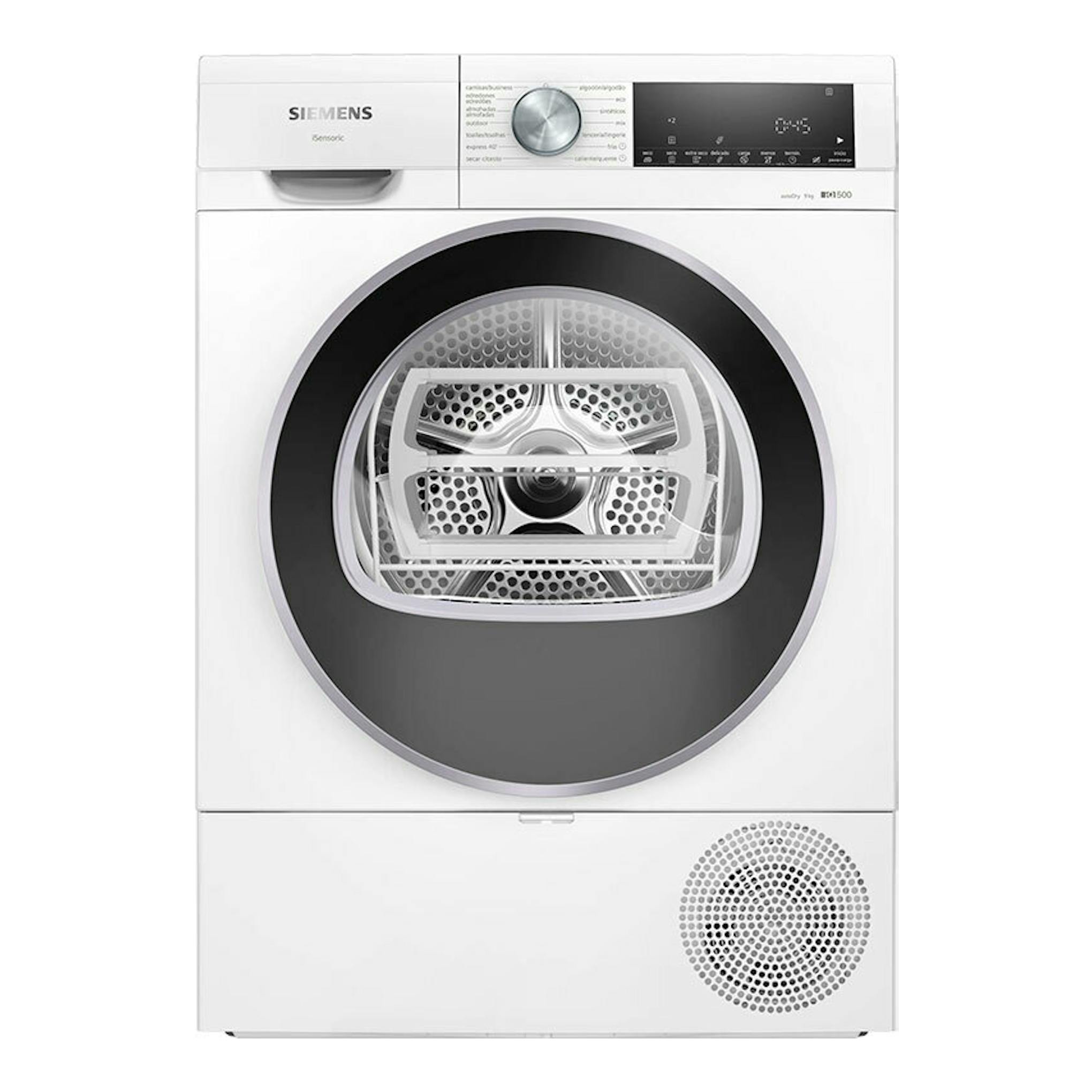 Secadora Siemens WQ42G200ES blanca, vista frontal, con puerta circular negra y panel de control superior.
