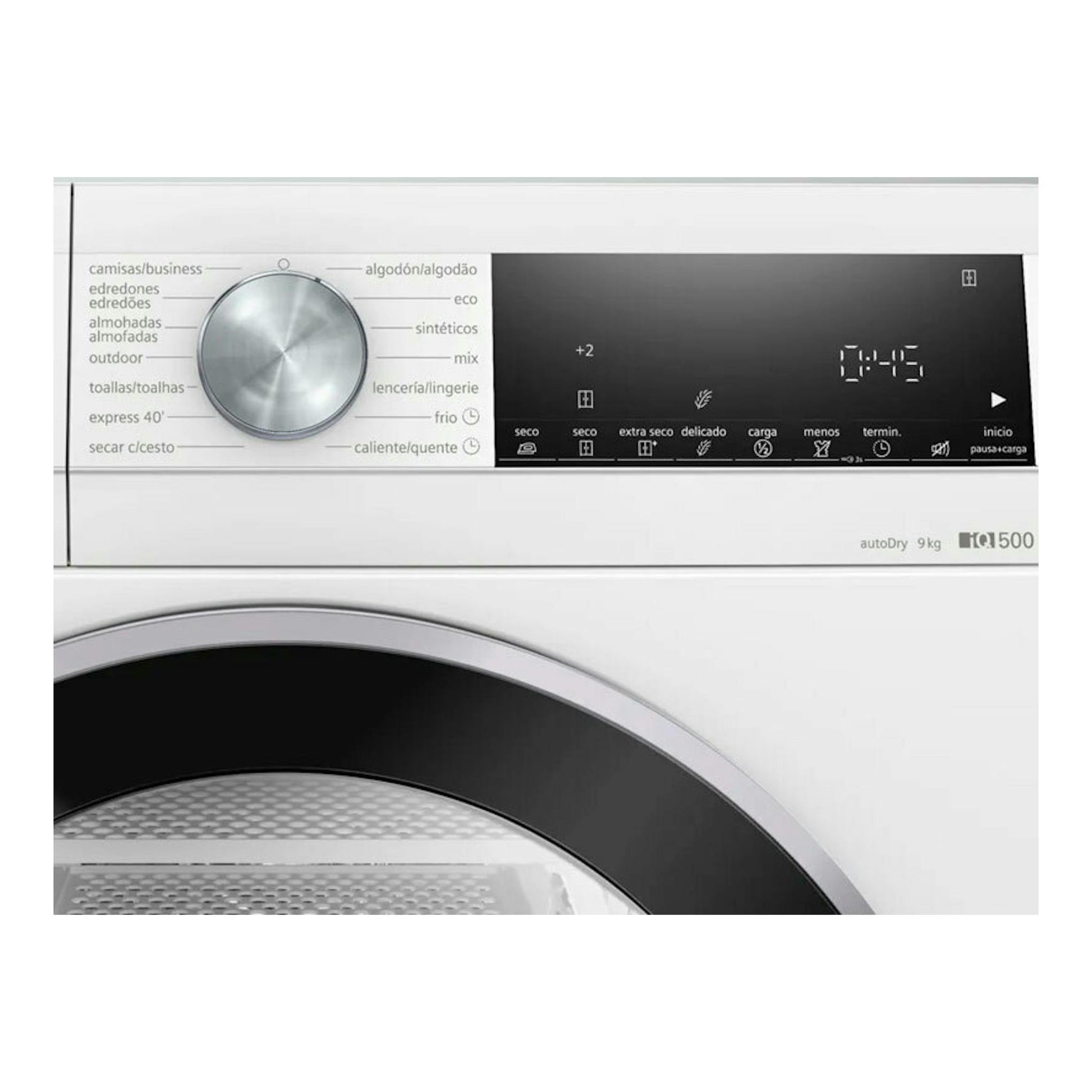Secadora Siemens WQ42G200ES blanca, con dial plateado y panel digital negro en vista frontal.